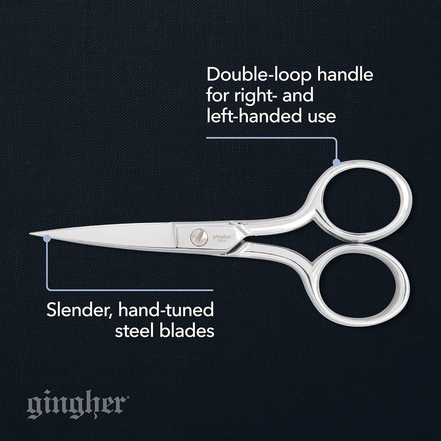 Gingher Embroidery Scissors, Precision Craft Scissors, Hand-Tuned Blades & Double Loop Handle, 4”, Silver/Nickel