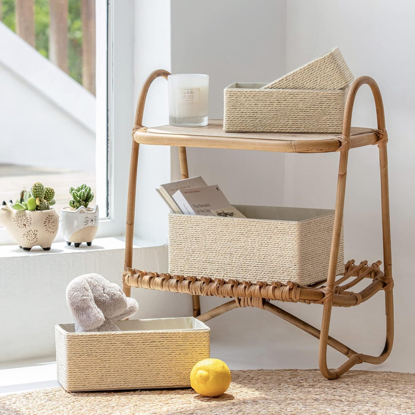 Storage Baskets Set 4 - Stackable Woven Basket Paper Rope Bin, Storage Boxes for Makeup Closet Bathroom Bedroom (Beige)