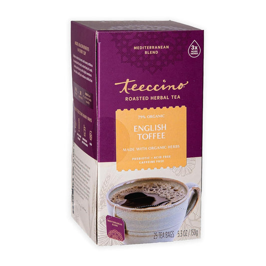 Teeccino English Toffee Herbal Tea - 25 Tea Bags - Rich & Roasted Herbal Tea That’s Caffeine Free & Prebiotic For Natural Energy & Good Digestion, 3 X More Herbs In Each Tea Bag