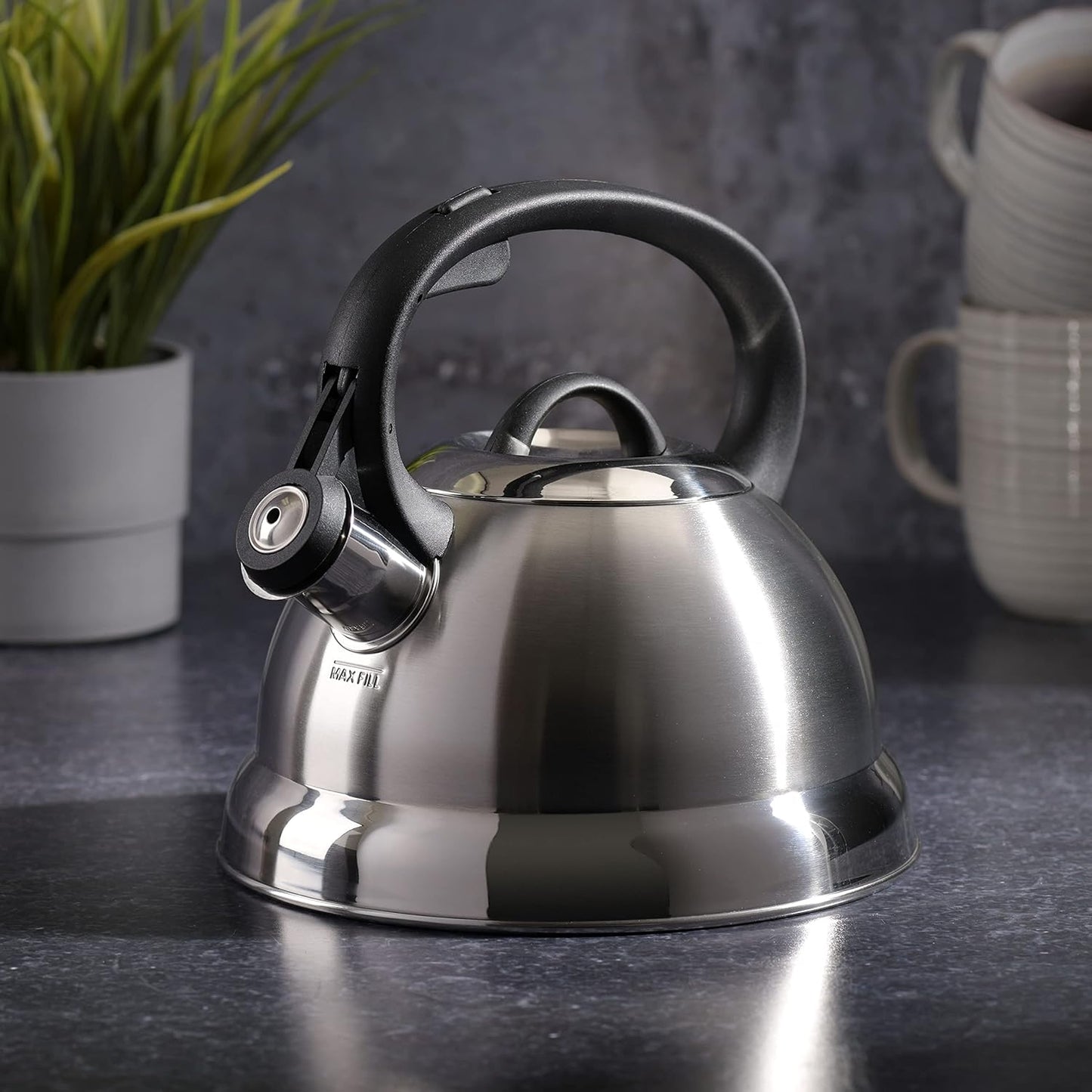 Mr. Coffee Flintshire 1.75-Quart Stainless Steel Whistling Tea Kettle – Brushed Satin Finish Stove-Top Kettle for Boiling Water