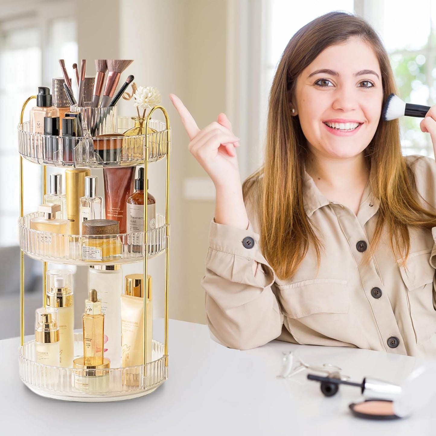 Aveniee 360° Rotating Makeup Organizer for Vanity, Perfume Skincare Bathroom Countertop Organizers, 3 Tier Spinning Skincare Storage with Brush Holder for Lipstick Cosmetic Lotion,White
