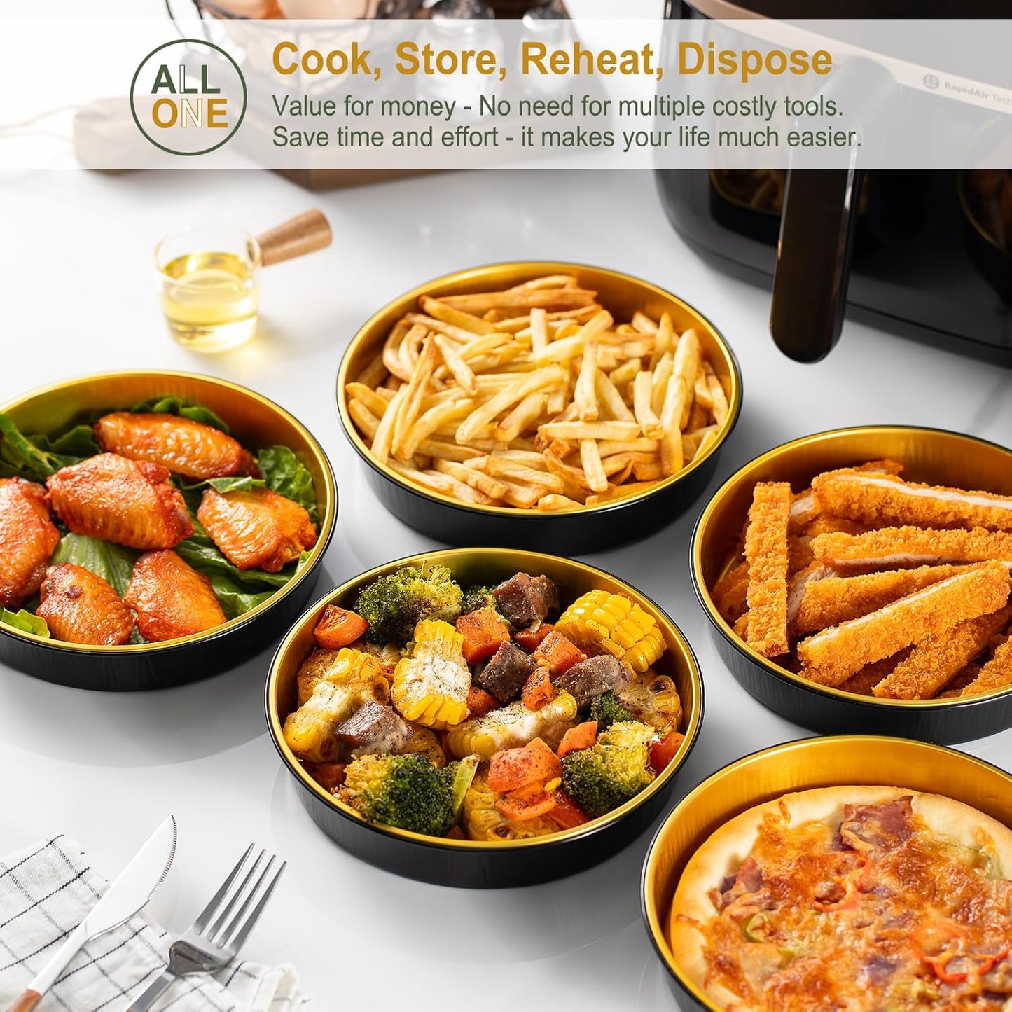 Reusable Aluminum Foil Air Fryer Pans, 50-Pack, 7.1-Inch Diameter, 1.6-Inch Depth, 24.5-Ounce Capacity, Food-Grade, Black & Gold, Thickened for High Temperatures, Dishwasher Safe