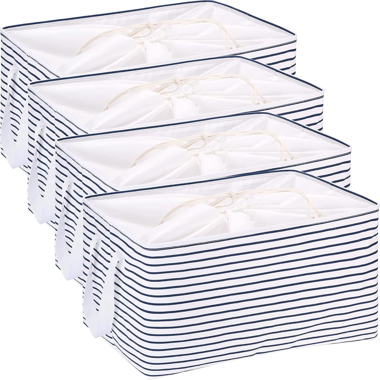 Hinwo 102L XXL Storage Bins, 4-Pack Closet Organizers and Storage, Foldable Clothes Storage Baskets with Handles, Containers for Clothing, Blanket, Comforters, Toys, Bedding (Navy Stripe)