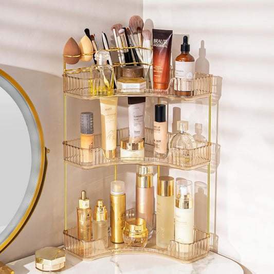 Upgraded 3-Tier Corner Bathroom Countertop Organizer – Spacious Storage for Makeup, Skincare & Perfumes, Built-in Brush Holder Fits Vanity/Dresser/Bsthtub (Vintage Gold)