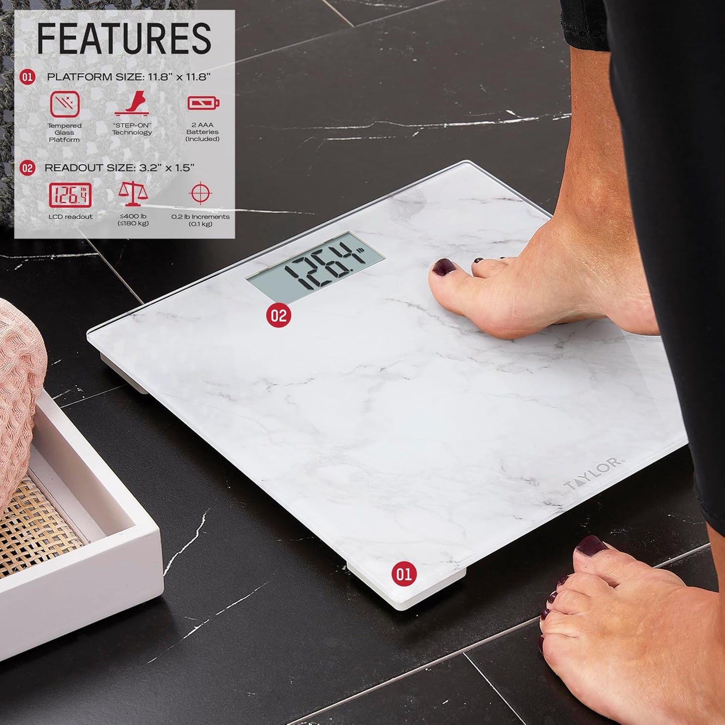Taylor Digital Glass Marble Bathroom Scale, Scale for Body Weight, Highly Accurate Digital Bathroom Weighing Machine, Battery Powered, FSA HSA Eligible, Measures Weight up to 400 lb Capacity, White