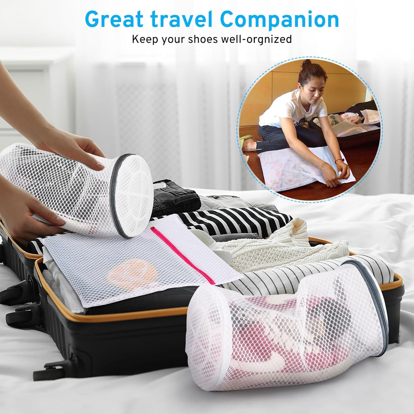 2 Pack 2 Size 120g Honeycomb Shoe Washing Machine Bag, Fabric Shoe Bag with Auto-Lock Zipper, Washing Laundry Bag for Sneaker, Running Shoes, Sock, Bras, Toys