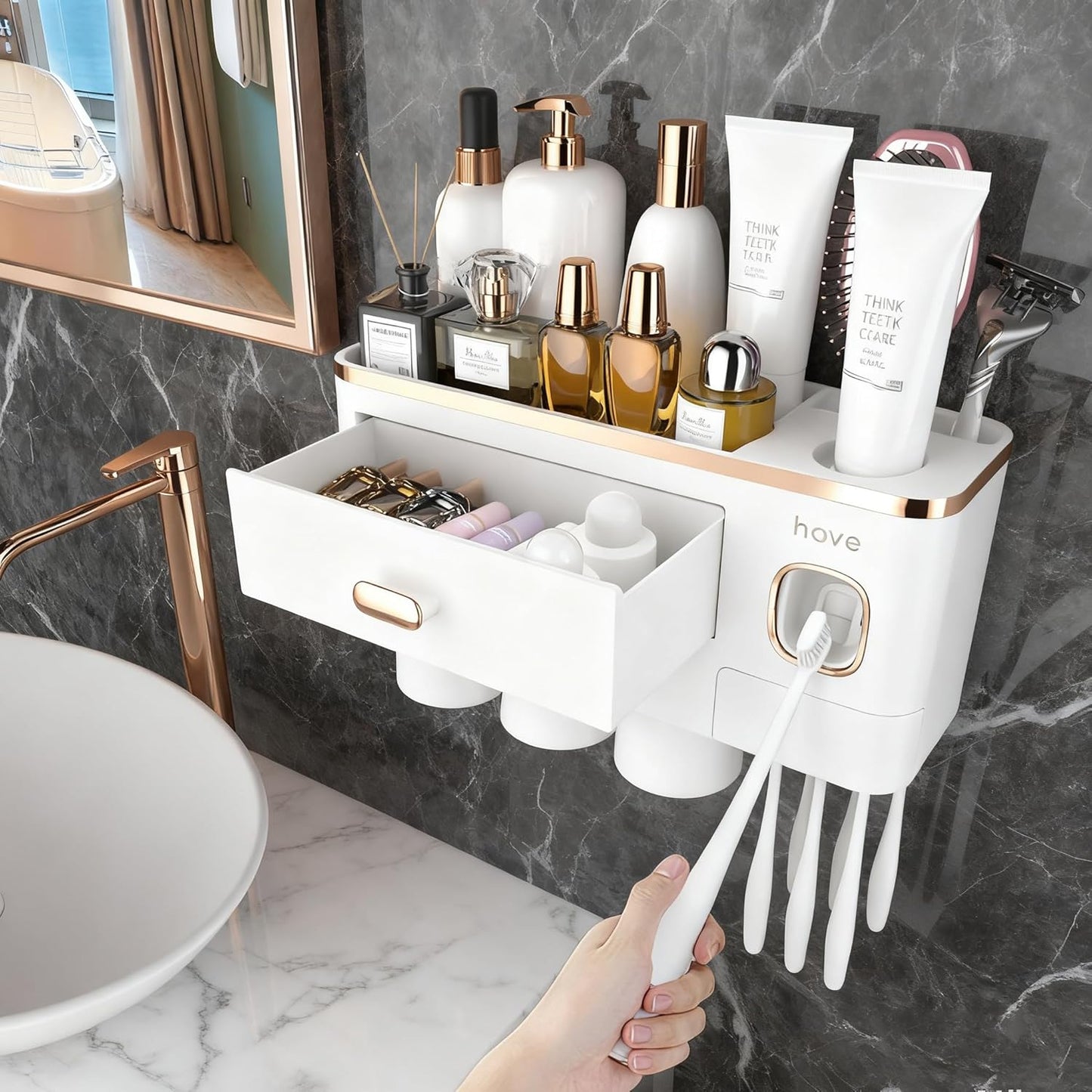 iHave Toothbrush Holders for Bathrooms - Upgrade Wall Mounted Toothbrush Holder with Toothpaste Dispenser - 3 Cups