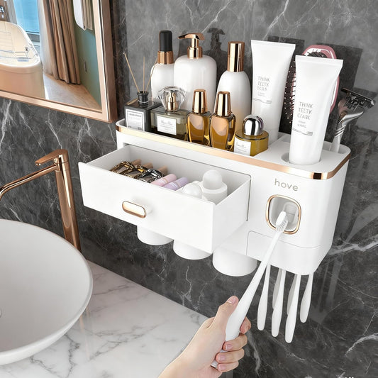 iHave Toothbrush Holders for Bathrooms - Upgrade Wall Mounted Toothbrush Holder with Toothpaste Dispenser - 3 Cups