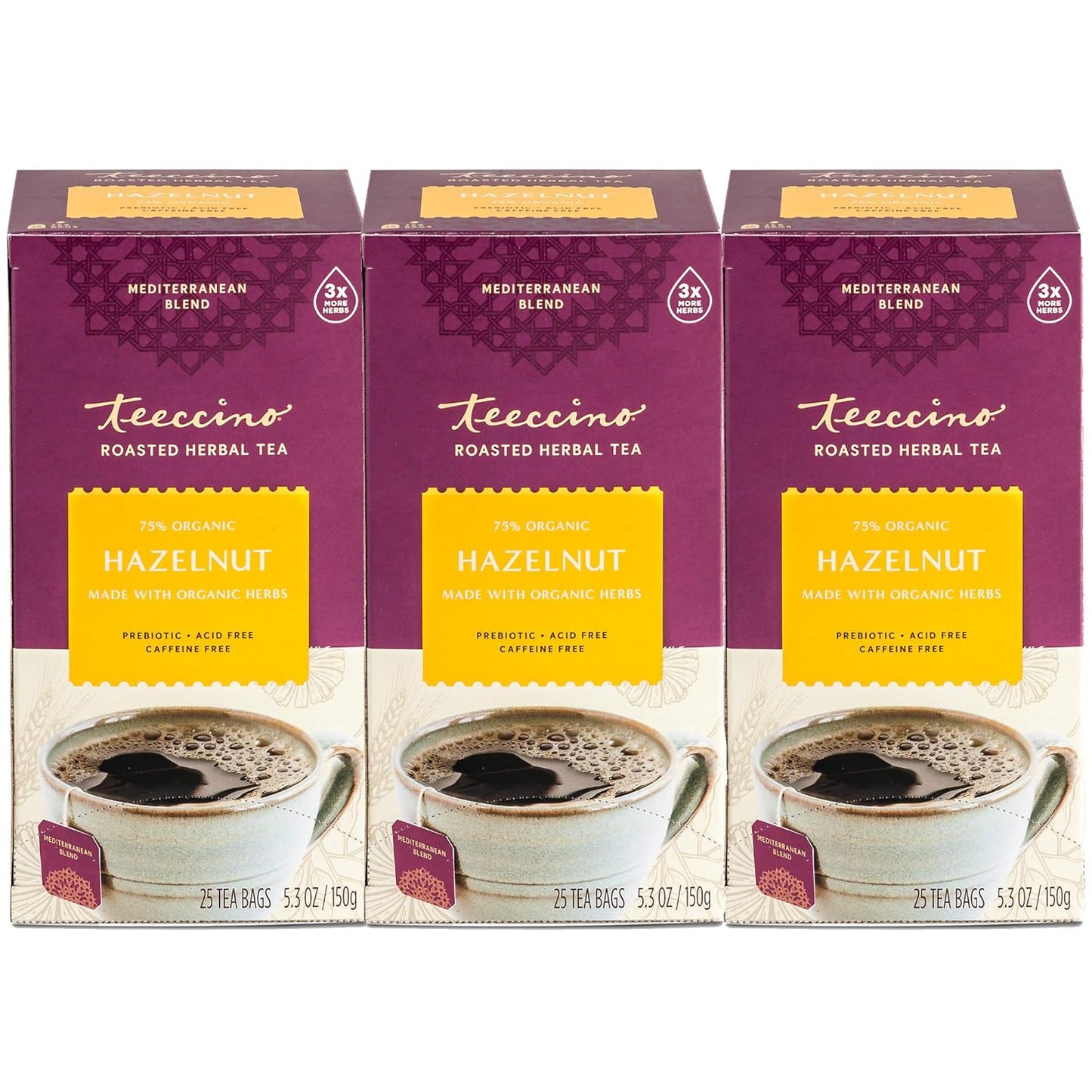 Teeccino Hazelnut Herbal Tea - Rich & Roasted Herbal Tea That’s Caffeine Free & Prebiotic for Natural Energy, 25 Tea Bags (Pack of 3)