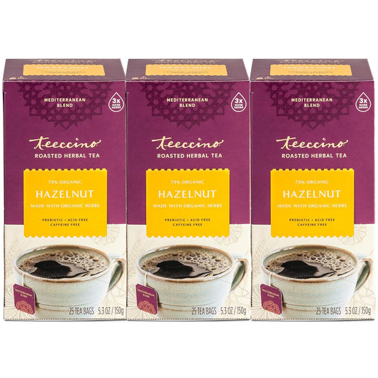 Teeccino Hazelnut Herbal Tea - Rich & Roasted Herbal Tea That’s Caffeine Free & Prebiotic for Natural Energy, 25 Tea Bags (Pack of 3)