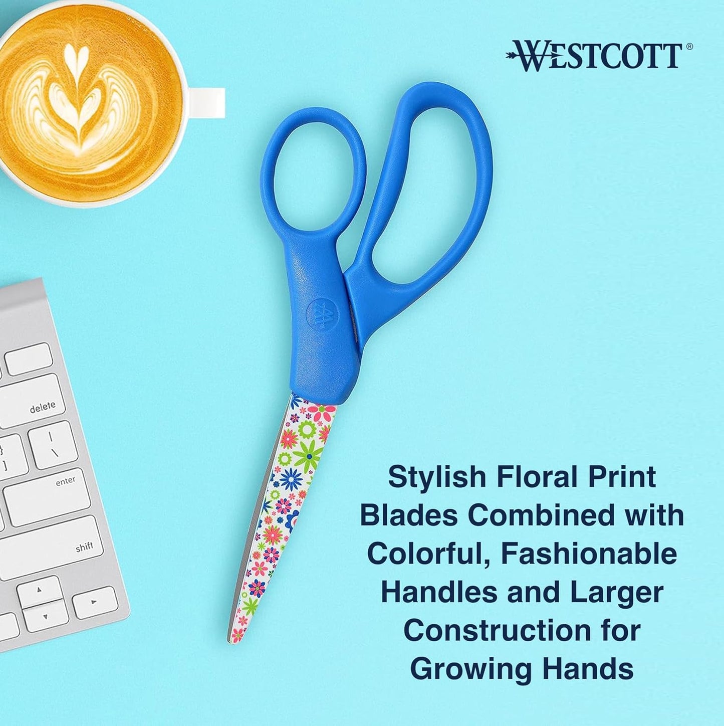 Westcott Fun and Fashionable Student Scissors for Ages 12+, Stainless Steel Floral-Printed Blades, Back-to-School, School Supplies, Classroom Supplies, 7-Inch