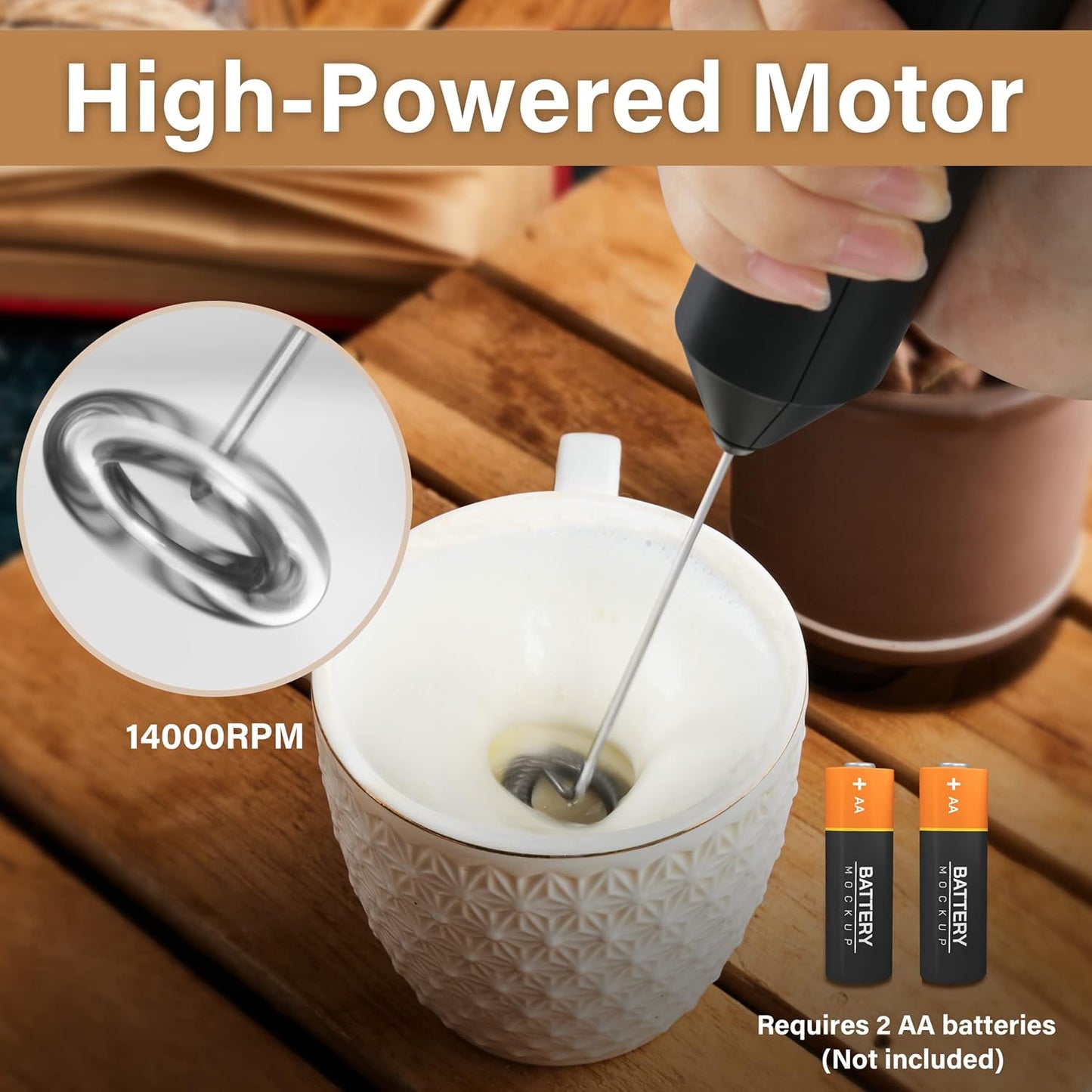 YSSOA Electric Milk Frother Handheld with Stainless Steel Stand Battery Operated Whisk Drink Mixer for Coffee, Frappe, Latte, Matcha, Black (Handheld, Black)