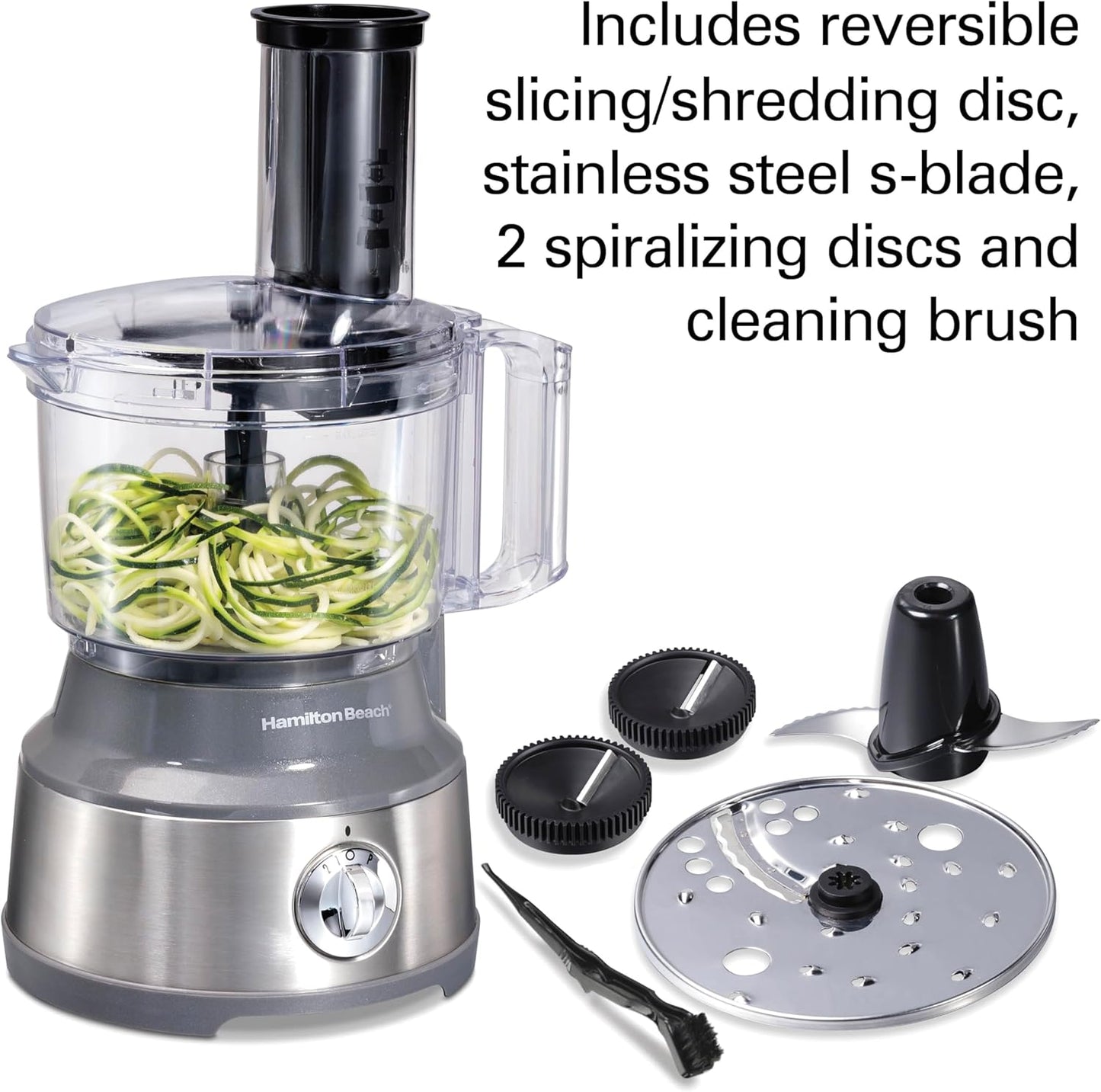 Hamilton Beach Food Processor & Vegetable Chopper for Slicing, Shredding, Mincing, and Puree, 10 Cups + Veggie Spiralizer makes Zoodles and Ribbons, Grey and Stainless Steel (70735)