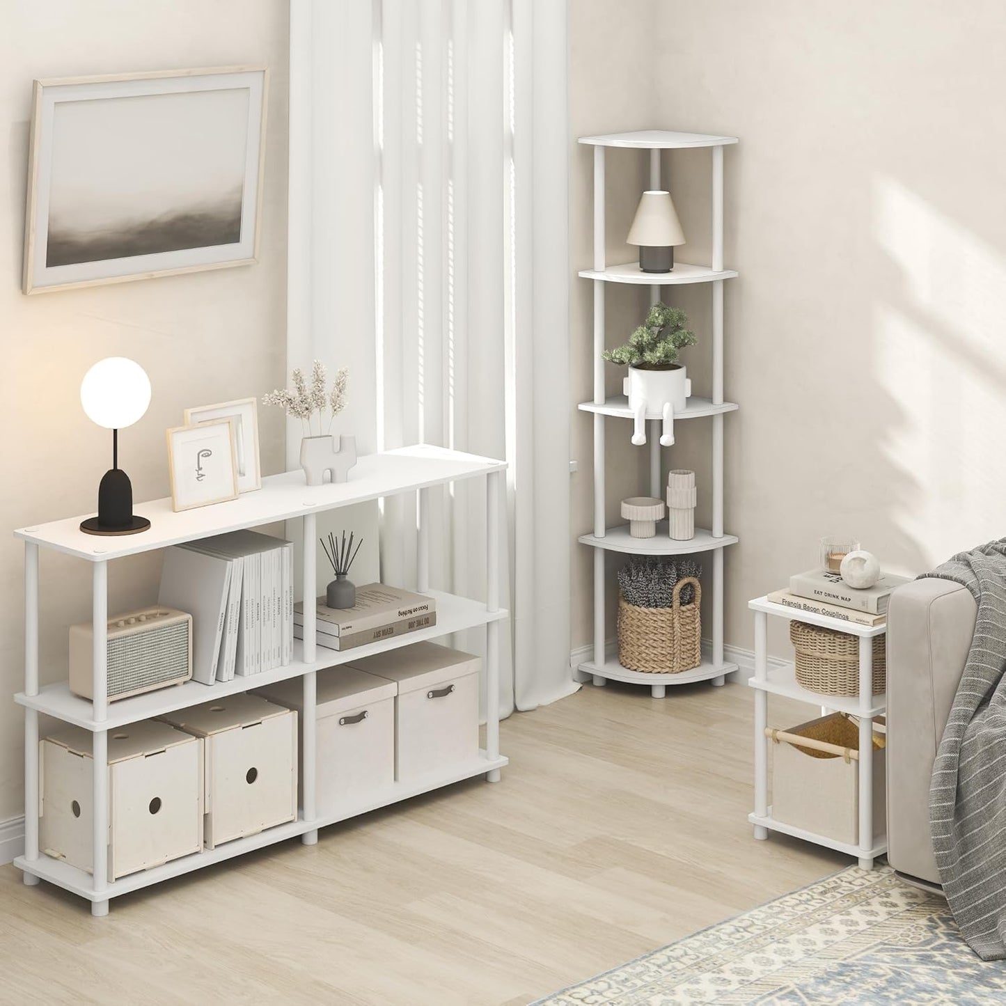 Furinno Turn-N-Tube Corner Shelf, 5-Tier Corner Bookshelf, Open Storage Shelves, for Organization and Storage, Living Room, Home Office, Garage, Bedroom, Plain White