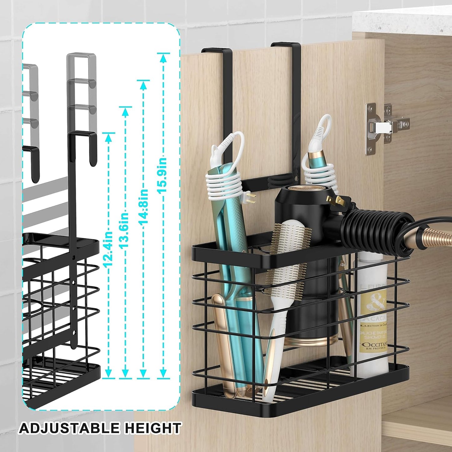 Hair Tool Organizer - Blow Dryer & Hair Dryer Holder Cabinet Door, Bathroom Organizer & Storage Basket for Styling Tools