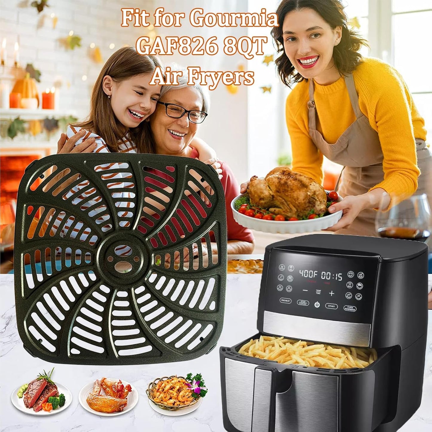Air Fryer Grill Pan for 8QT Gourmia GAF826 Air Fryers, Upgraded Nonstick Air Fryer Crisper Tray Grill Plate Insert Grate Rack Grid Shelf for Gourmia 8QT Air Fryers, Dishwasher Safe