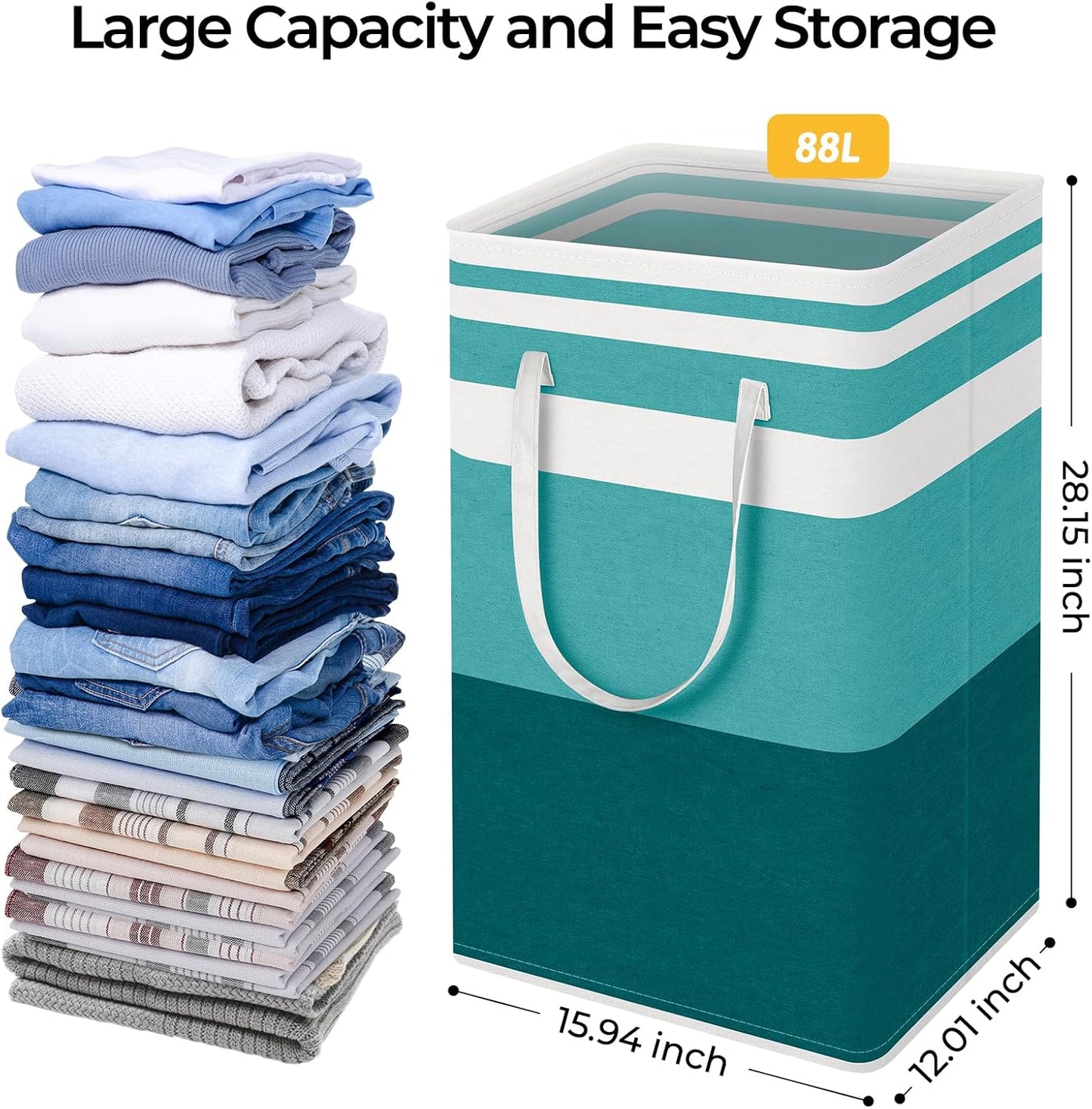 HomeHacks 2-Pack Large Laundry Basket, Waterproof, Freestanding Laundry Hamper, Collapsible Tall Clothes Hamper with Extended Handles for Clothes Toys in the Dorm and Family (Green, 88L)
