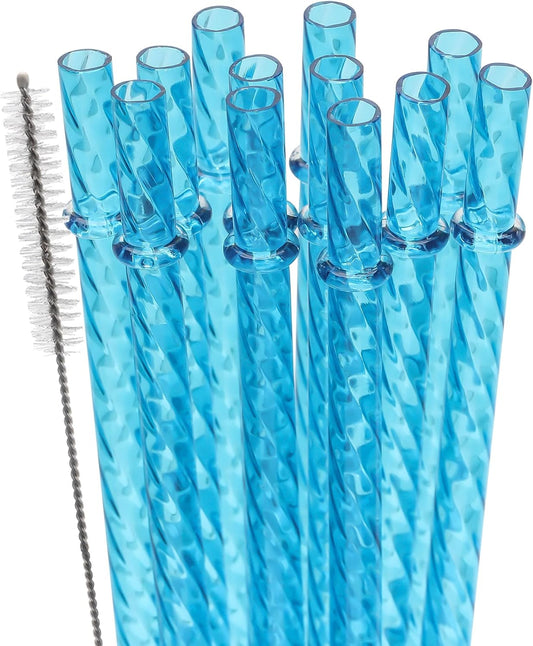 Dakoufish 12 Inch Reusable Clear Plastic Swirl Drinking Straws for 30 oz & 40 oz Jars/Tumblers,Set of 12 Pcs Replacement Crystal Blue Straws with Cleaning Brush (12inch,Blue)