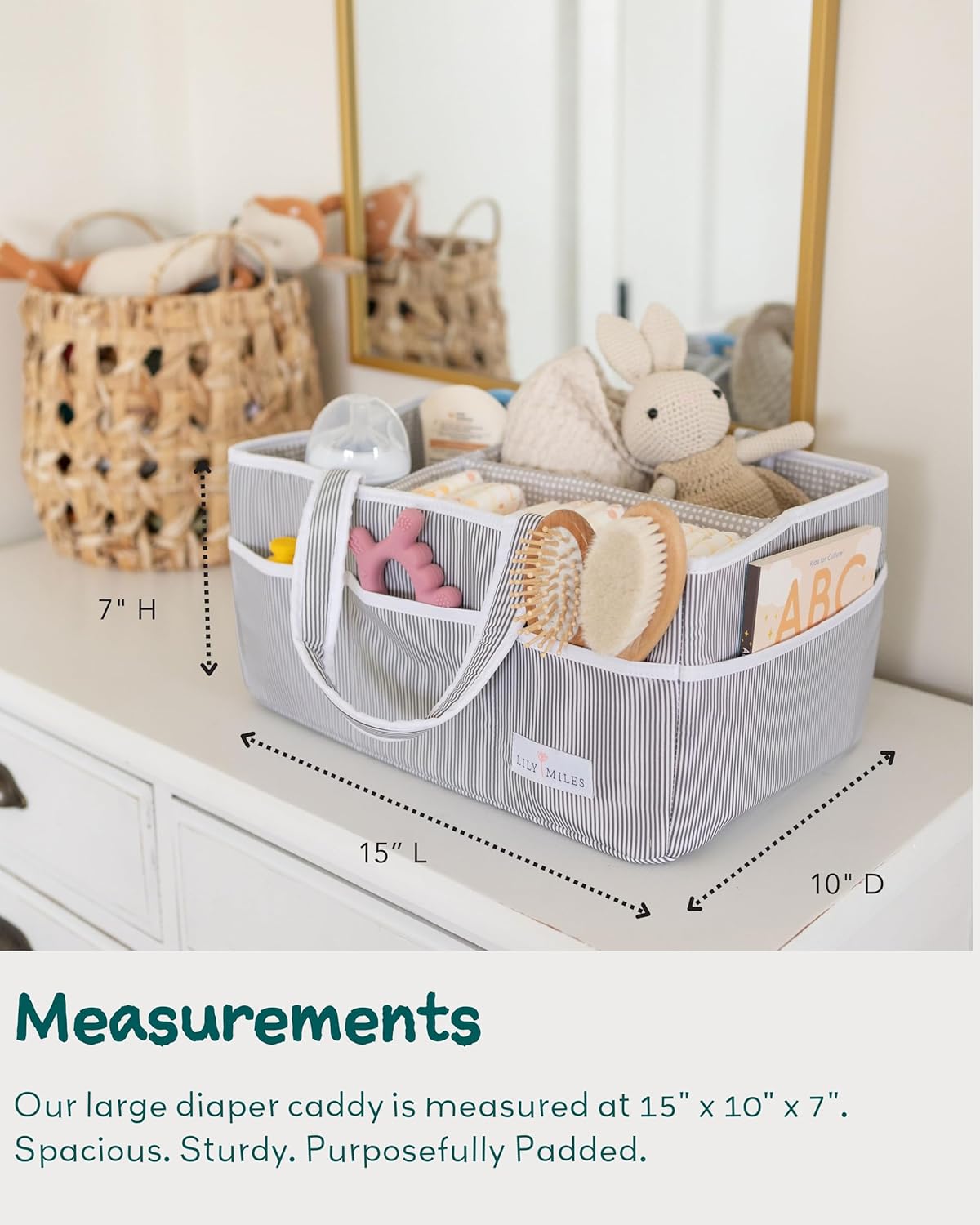 Lily Miles Baby Diaper Caddy Organizer, Baby Shower Basket for Newborn Boys or Girls, Nursery Must Haves for New Mom, Registry Favorites, Large Storage Tote for Changing Table or Car, Gray