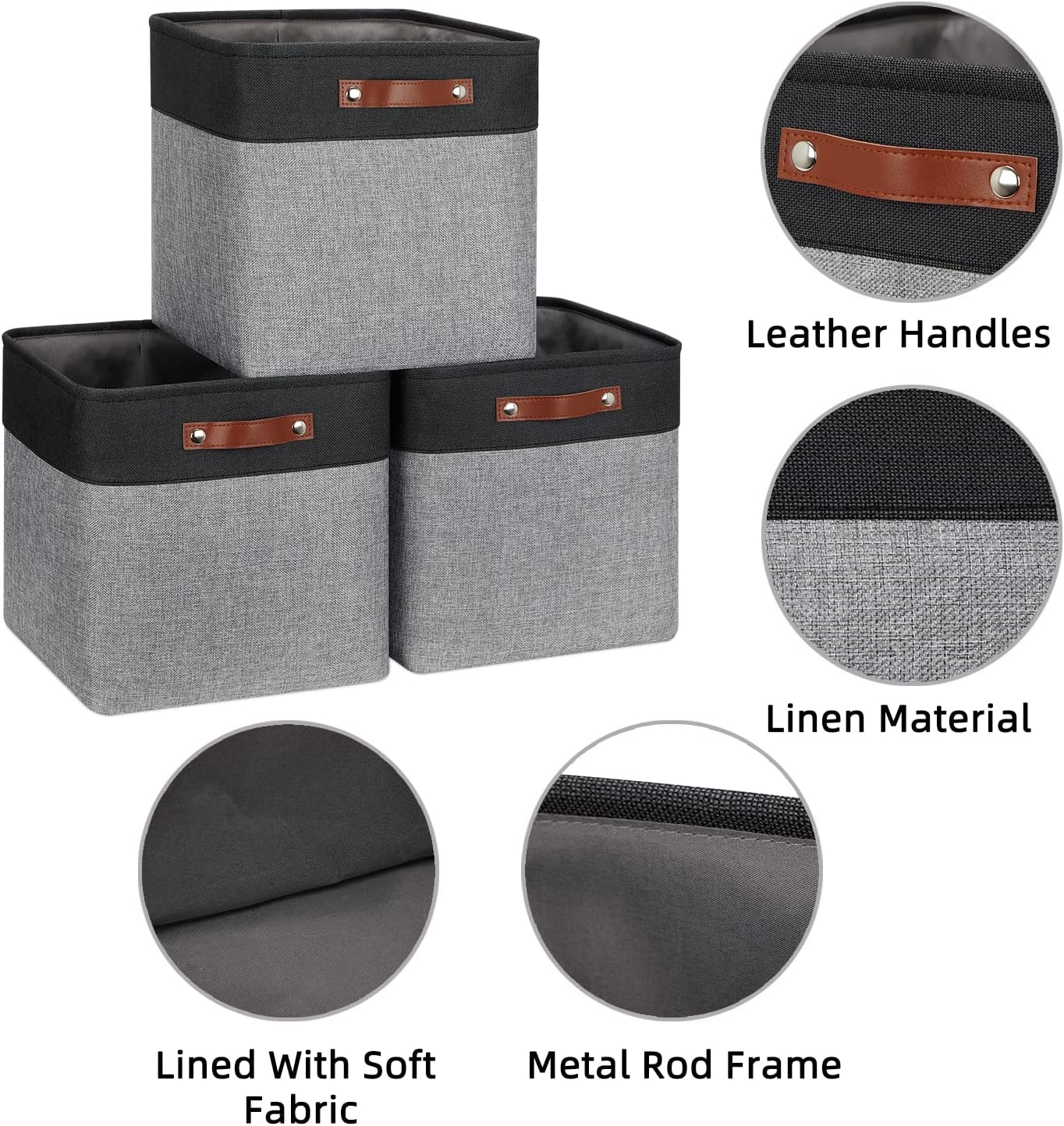 HNZIGE Storage Foldable Baskets Cubes Set(3 Pack) Fabric Bins for Shelves,13 Inch Storage Basket for Organizing with Leather Handles for Home, Toys, Clothes, Kids Room, Closet Storage(Black&White)