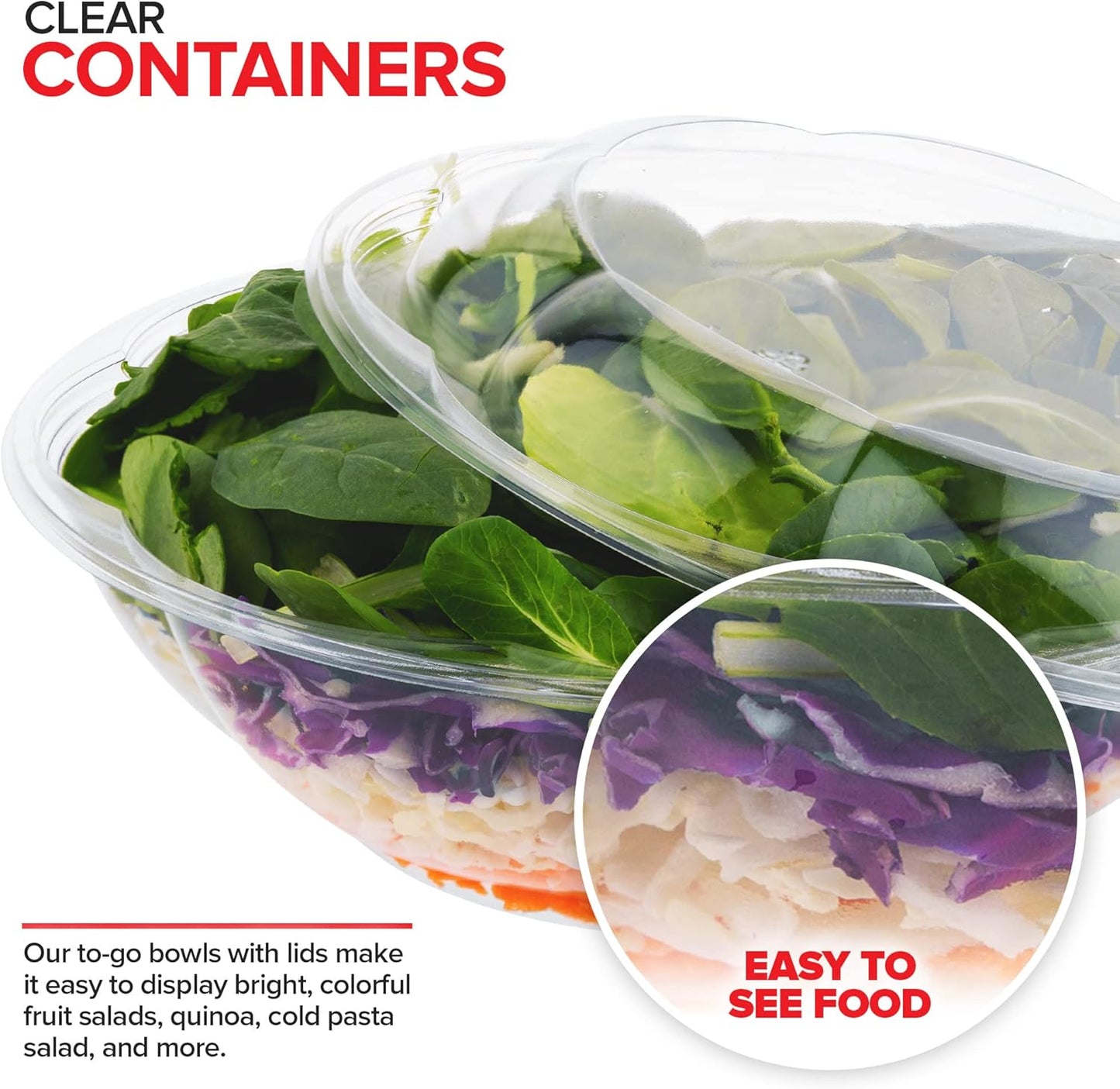 Stock Your Home 64oz Clear Plastic Salad Bowls with Lids Disposable (10 Pack) Extra Large Takeout Container with Snap on Lid for Fruit Salads, Lunch, Meal Prep, Acai Bowl, To-Go Party Containers