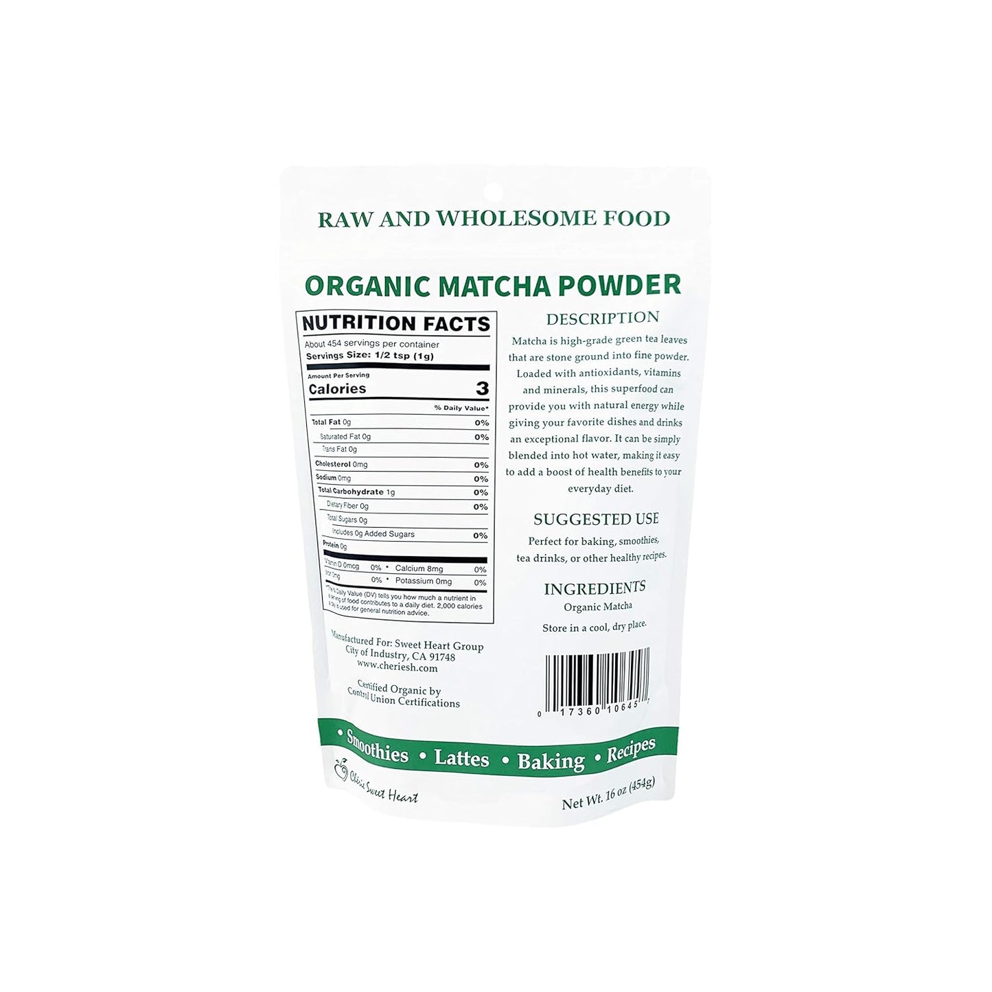 Cherie Sweet Heart Organic Matcha Green Tea Powder - Premium Culinary Grade, Authentic Japanese Origin, Antioxidant-Rich, Gluten-Free, Vegan – Perfect for Lattes, Cooking, Baking & Smoothies – 16oz Resealable Bag