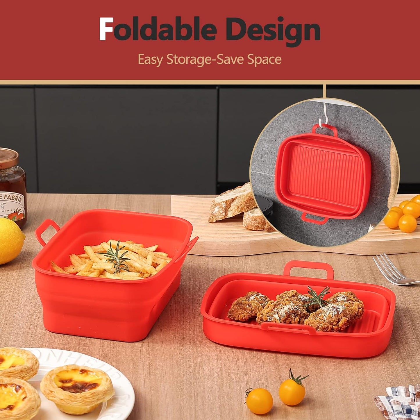 Collapsible 2-Pack Air Fryer Silicone Liners for 8QT & 10QT NINJA Foodi Dual, Rectangular Reusable Silicone Air Fryer Liners Pot Basket Accessories (Red)