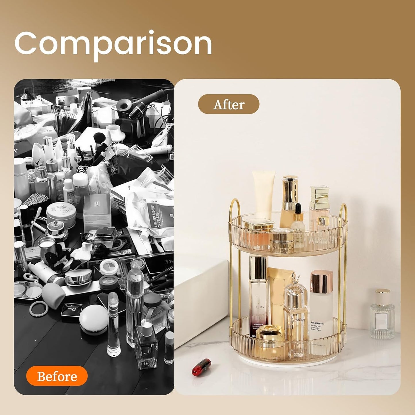 Rotating Makeup Organizer for Vanity 2 Tier,(Gold)