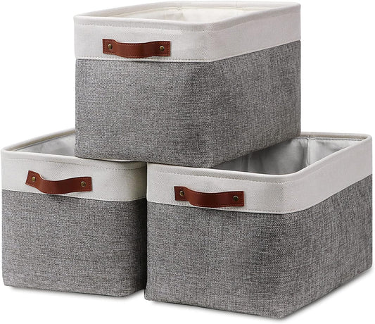 HNZIGE Fabric Storage Baskets for Shelves(3 Pack) Large Collapsible Storage Baskets for Organizing, Decorative Baskets Bins Set with Handles for Closet, Clothes, Toy(White&Gray,15" x 11" x 9.5")