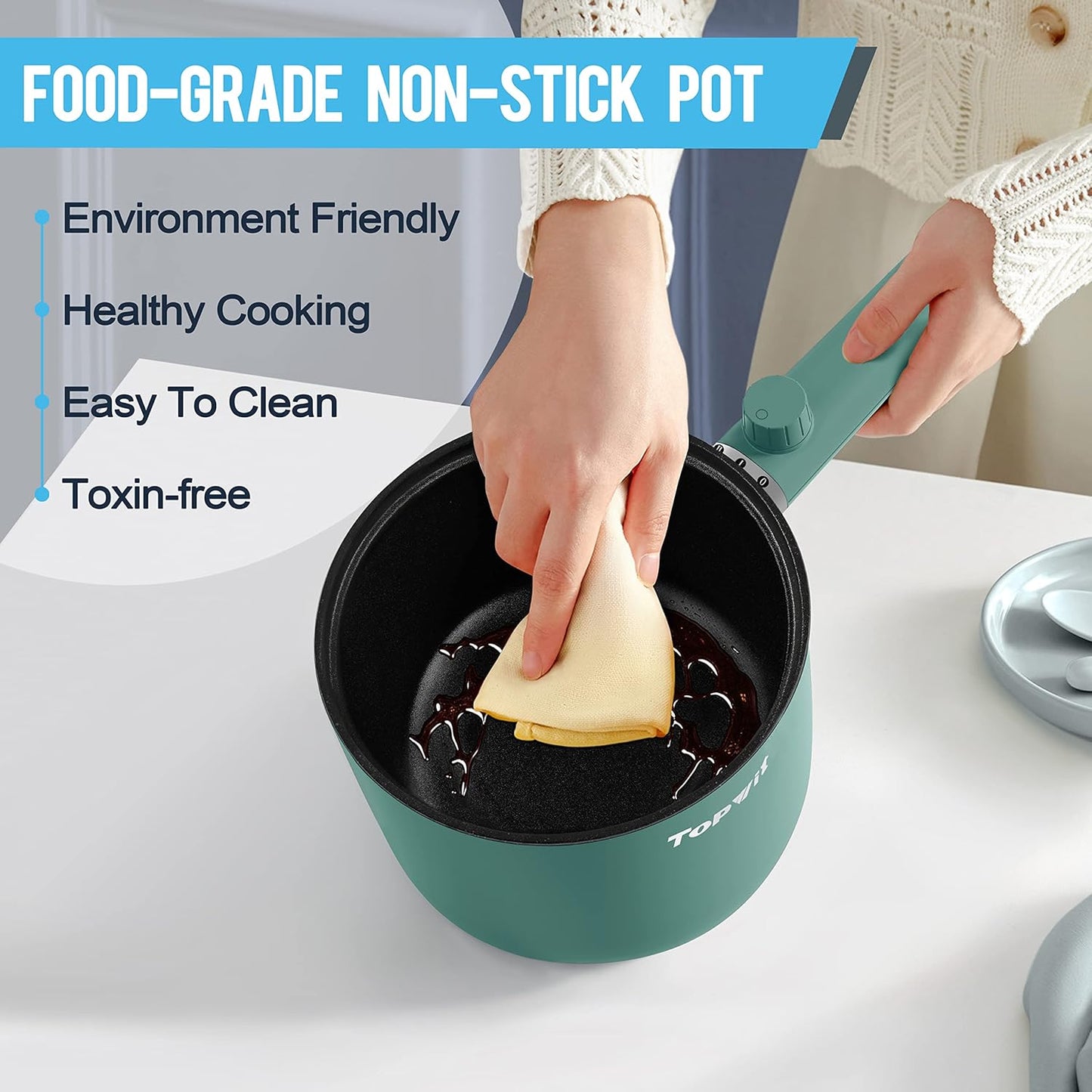 Topwit Hot Pot Electric, 1.5L Ramen Cooker, Non-Stick Frying Pan, Electric Pot for Pasta, Steak, BPA Free, Dual Power Control, Over-Heating & Boil Dry Protection, Green