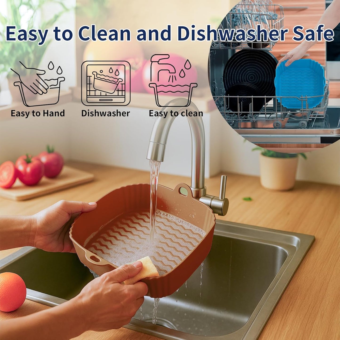 9 Inch Large Air Fryer Silicone Liners - 2 PCS Square Reusable AirFryer Basket Liners for 5-8QT Air fryer, Air fryer Accessories for Baking Roasting Microwave (Black + Brown)