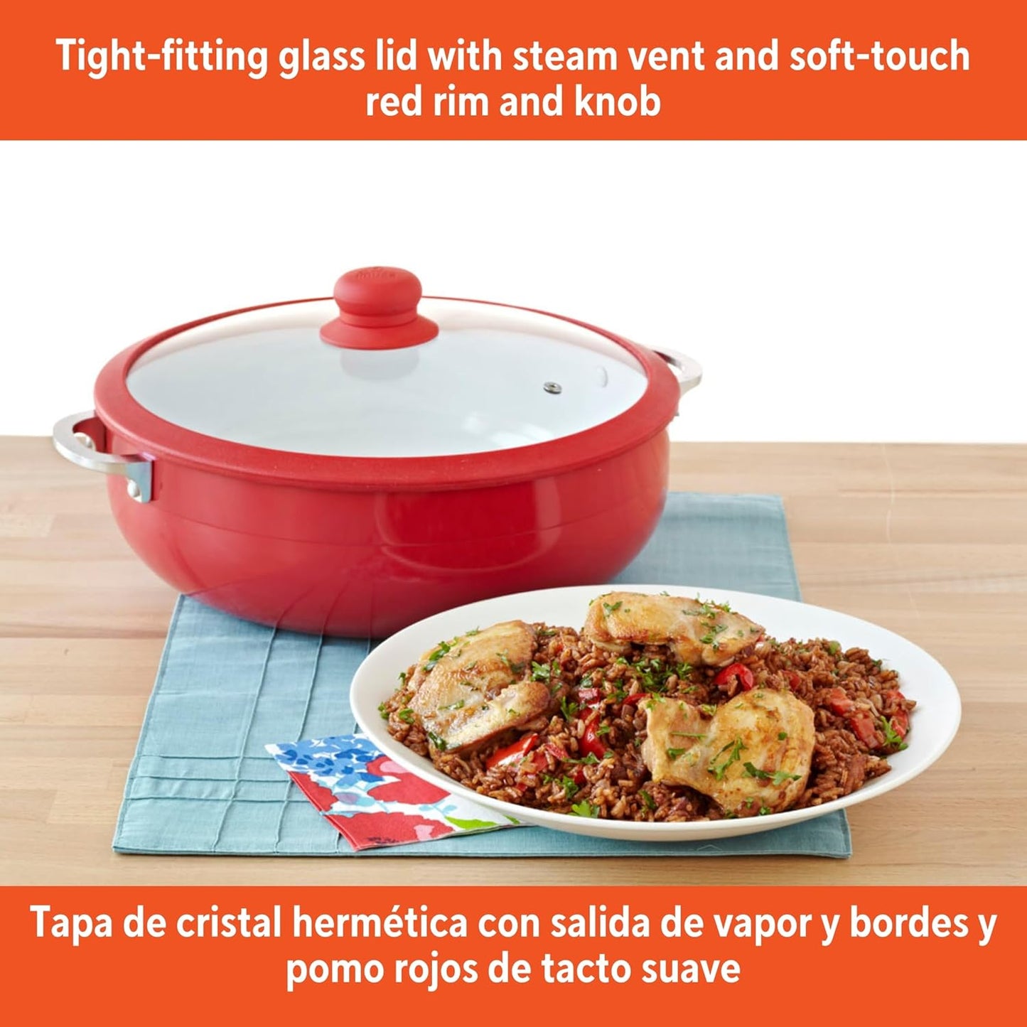 IMUSA 6.9qt Aluminum White Ceramic Caldero with Glass Lid & Silicone Rim, Red