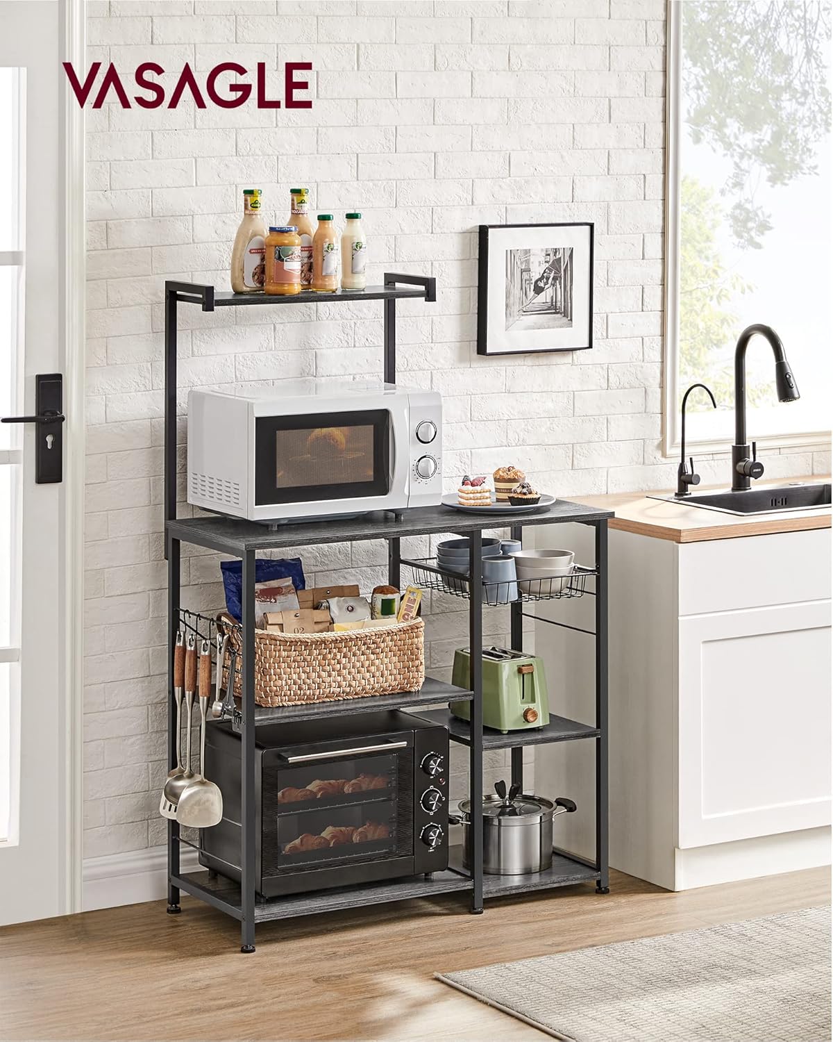 VASAGLE Baker's Rack, Microwave Stand, Kitchen Storage Rack with Wire Basket, 6 Hooks, and Shelves, for Spices, Pots, and Pans, Charcoal Gray and Ink Black UKKS035B04