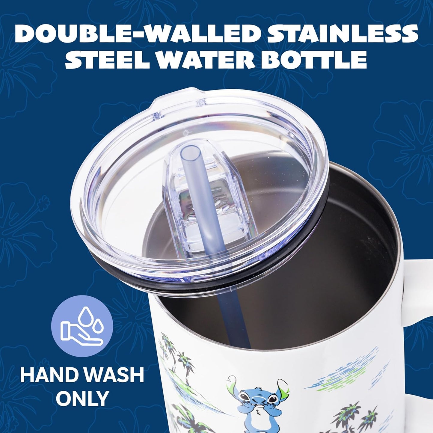Silver Buffalo Disney Lilo and Stitch Vintage Sketch Palm Trees and Flowers Stainless Steel Tumbler with Handle and Straw, Fits in Standard Cup Holder, 40 Ounces