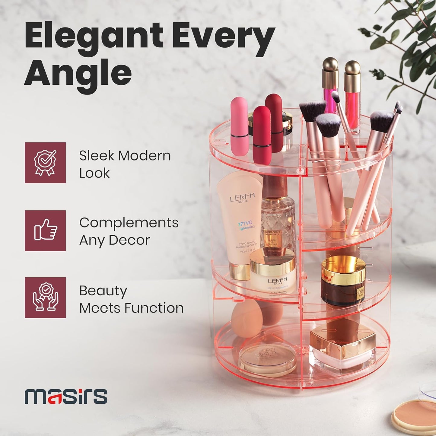 Masirs 360 Rotating Makeup Organizer - Adjustable Shelf Height and Fully Rotatable - The Perfect Round Spinning Cosmetic Organizer for Bedroom Dresser or Vanity Countertop Storage (Pink)