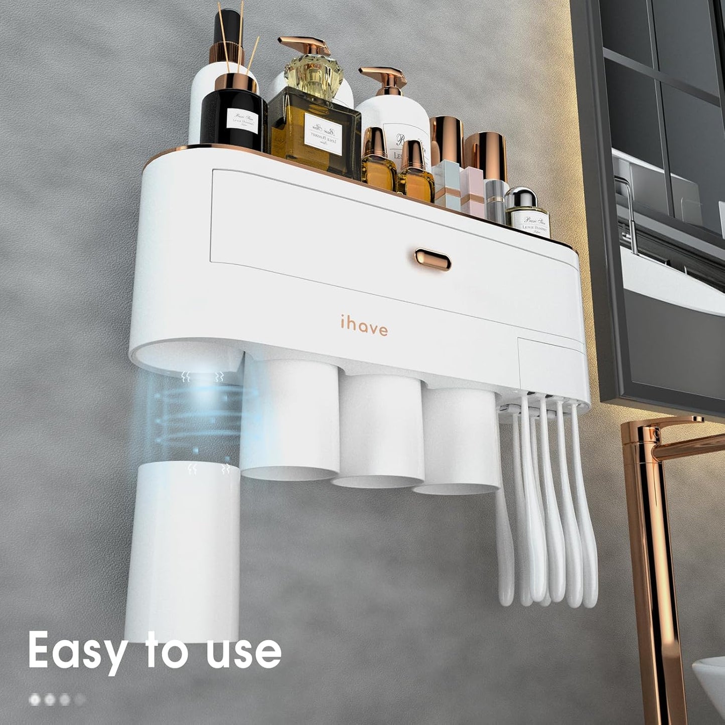 iHave Toothbrush Holders for Bathrooms - Upgrade Wall Mounted Toothbrush Holder with Toothpaste Dispenser - 4 Cups