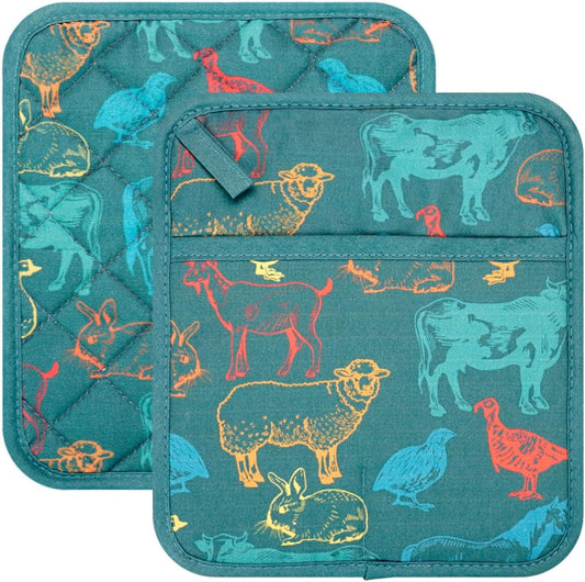 Pot Holders Set of 2 Heat Resistant 480℉ Kitchen 100% Cotton Comfortable Lining Printing Farm Cattle Flower Women Men Home Cooking Baking Microwave BBQ Gift (Farm Cattle potholds)