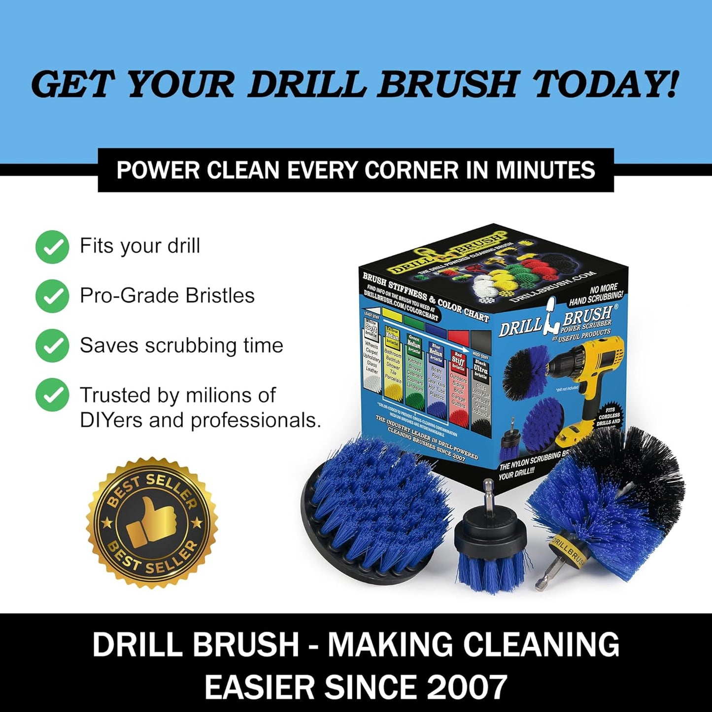 Drillbrush Boat Accessories – Kayak Cleaning Kit – Boat Cleaning Brush Kit – Marine Scrub Brush Attachment for Drill – Rotary Brushes for Boats – Motorized Hull Power Scrubber Set - Hull Cleaner Set