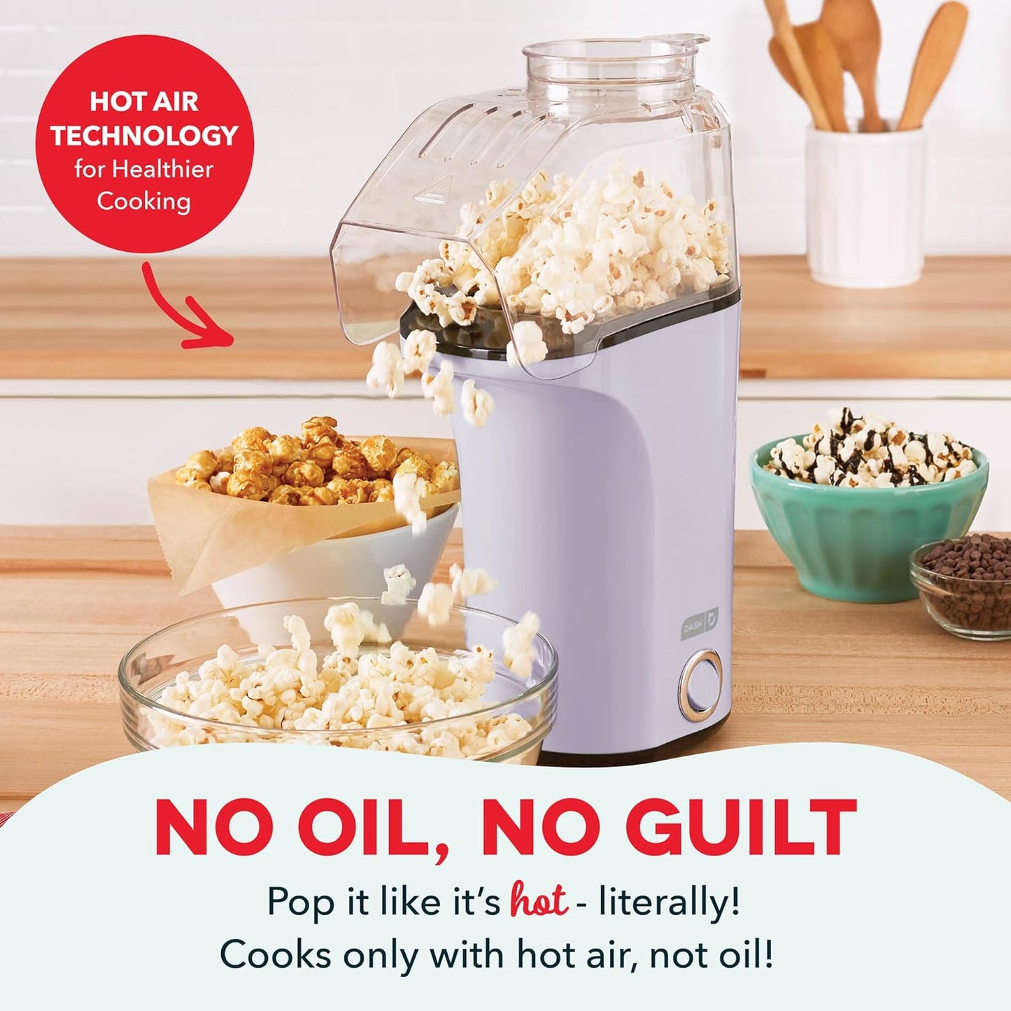 DASH Hot Air Popcorn Popper Maker with Measuring Cup to Portion Popping Corn Kernels + Melt Butter, 16 Cups - Lavender