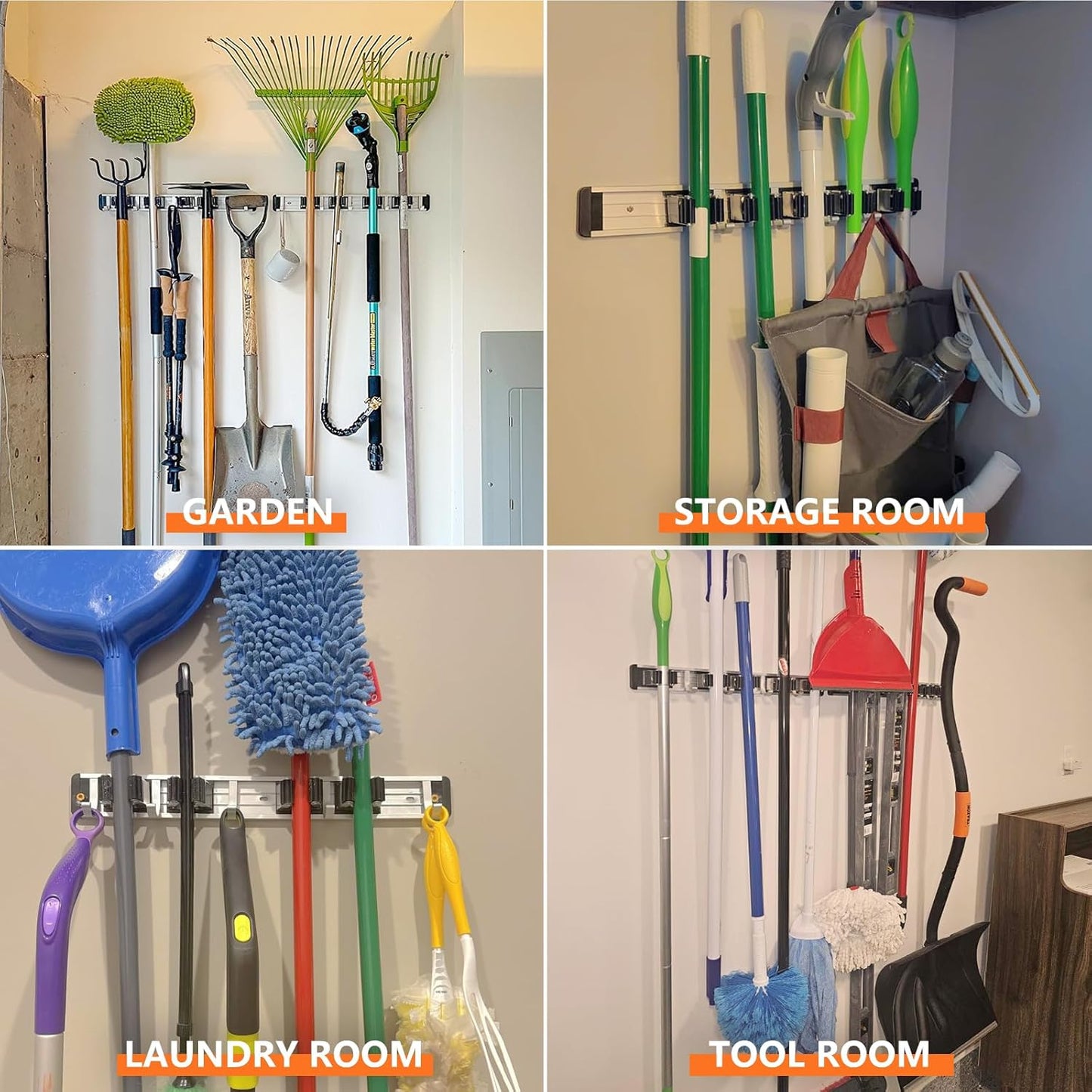 reliahom 2 Pack Broom Holder Wall Mount Mop and Broom Hanger Wall Mounted Garage Storage Rack Kitchen Garden Tool Organizer (5 Racks with 4 Hooks, Black)