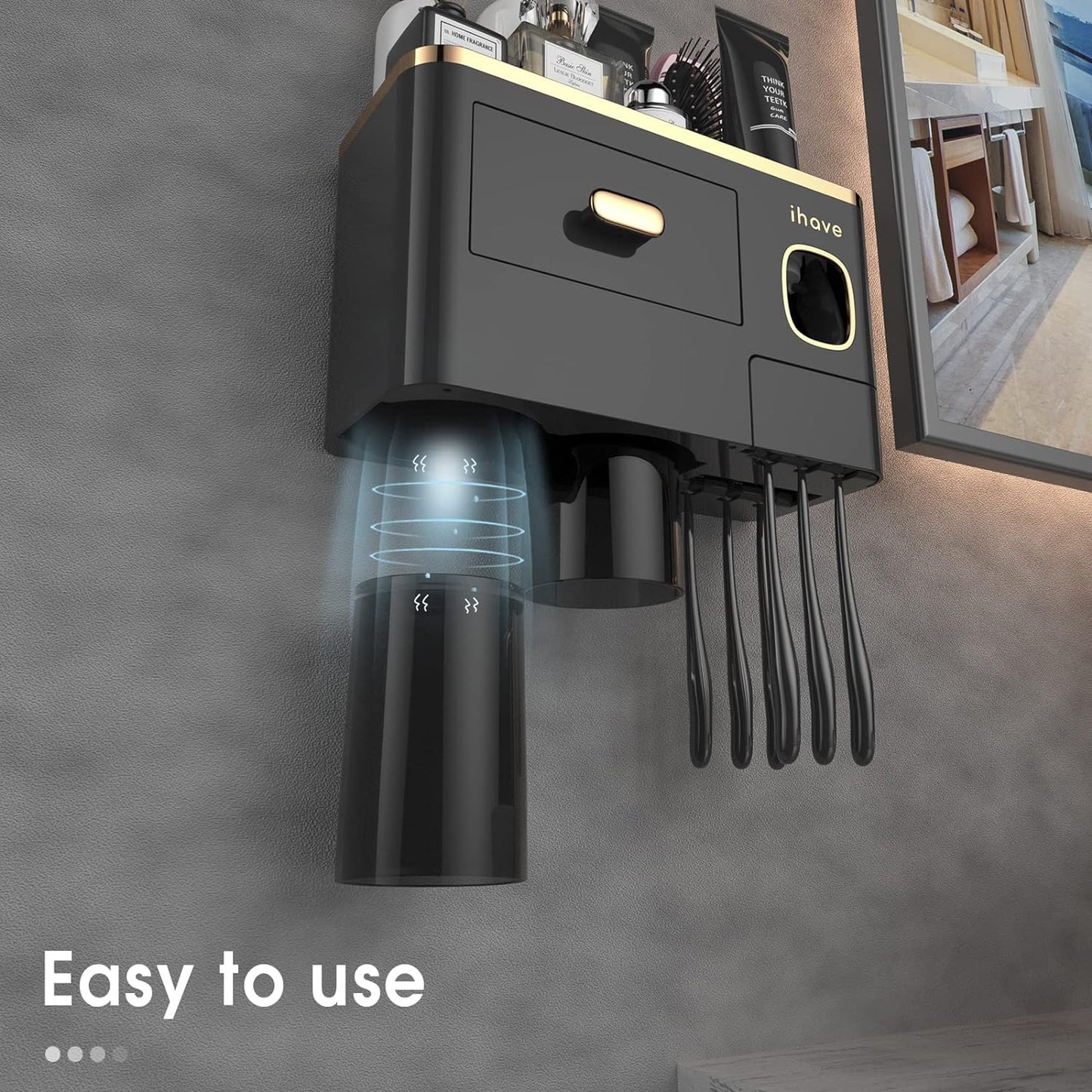 iHave Toothbrush Holders for Bathrooms - Upgrade Wall Mounted Toothbrush Holder with Toothpaste Dispenser - 2 Cups, Large Capacity Tray, Cosmetic Drawer - Bathroom Decor & Bathroom Accessories