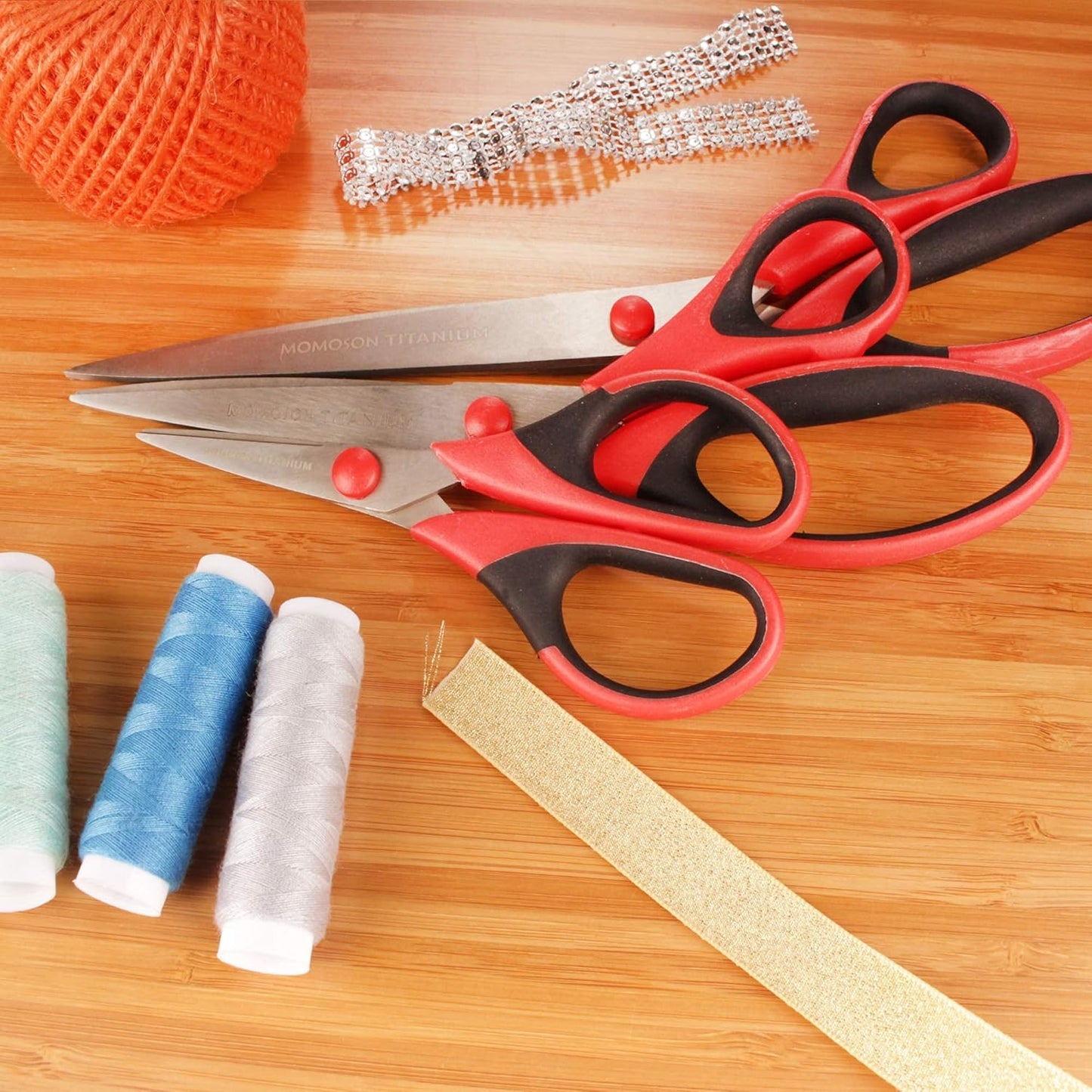 BambooMN Titanium Softgrip Scissors Set for Sewing, Arts, Crafts, Office - 1 set of 3 - Red w/Black Inlays