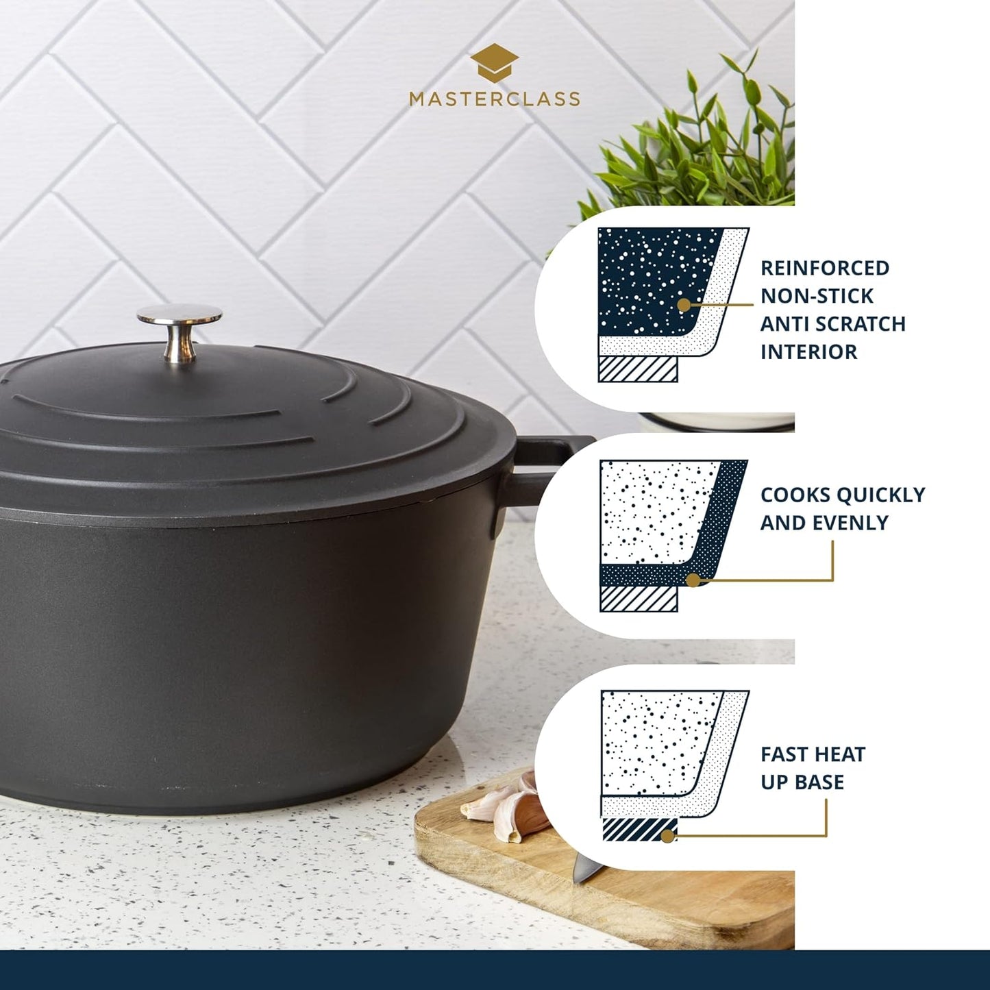 MasterClass Cast Aluminium Induction-Safe Non-Stick Casserole Dish with Lid, Black, 5 Litre