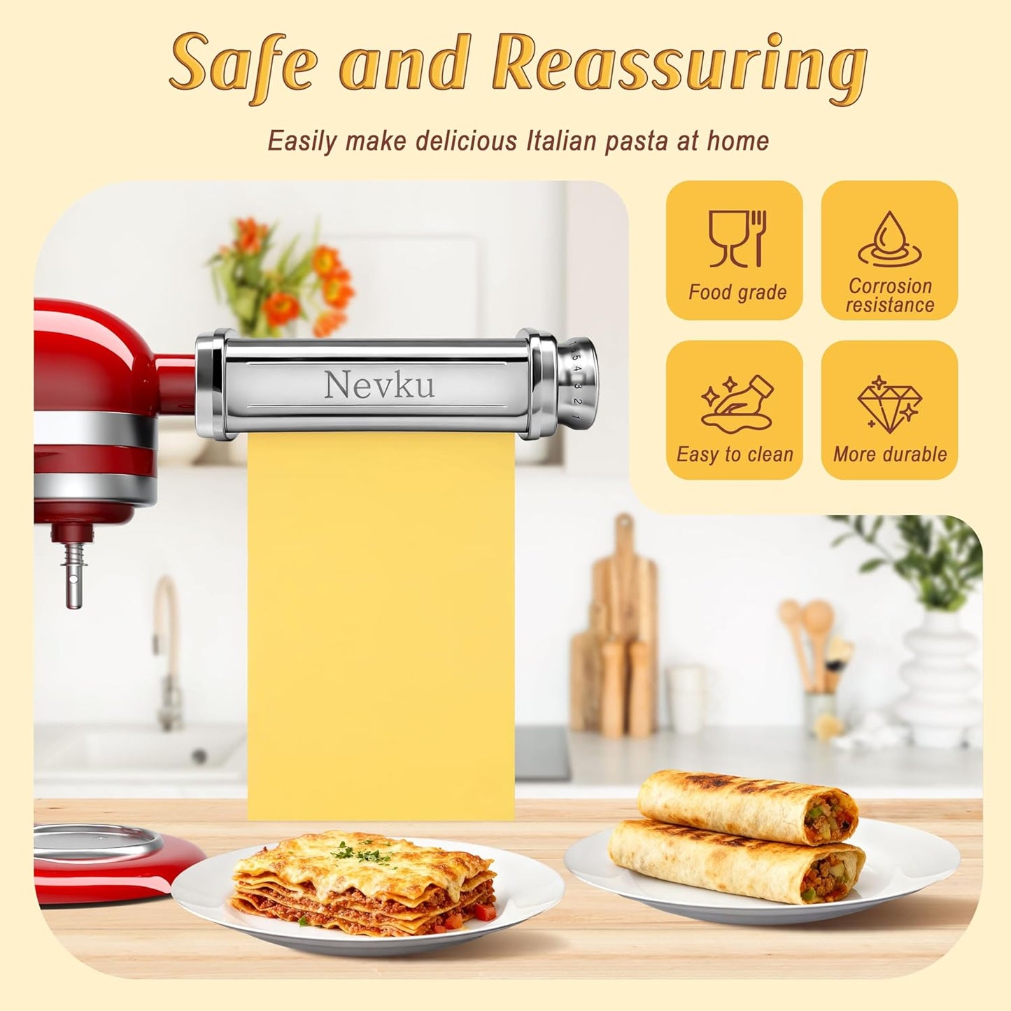 Pasta Roller Attachment for KitchenAid Stand Mixer, Stainless steel Pasta Roller Attachment with 8 Adjustable thickness knob, Stainless Steel Pasta Maker accessory Machine
