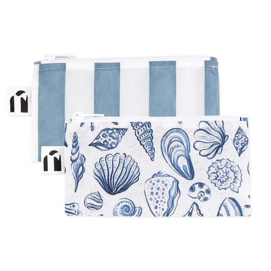 Roamio Reusable Snack Bags, for Kids School Lunch and for Adults Portion, Washable Fabric, Waterproof Cloth Zip Bag, Supplies Pack Travel Pouch, Food-Safe Storage, 2-pk Nautical Stripe and Blue Shells