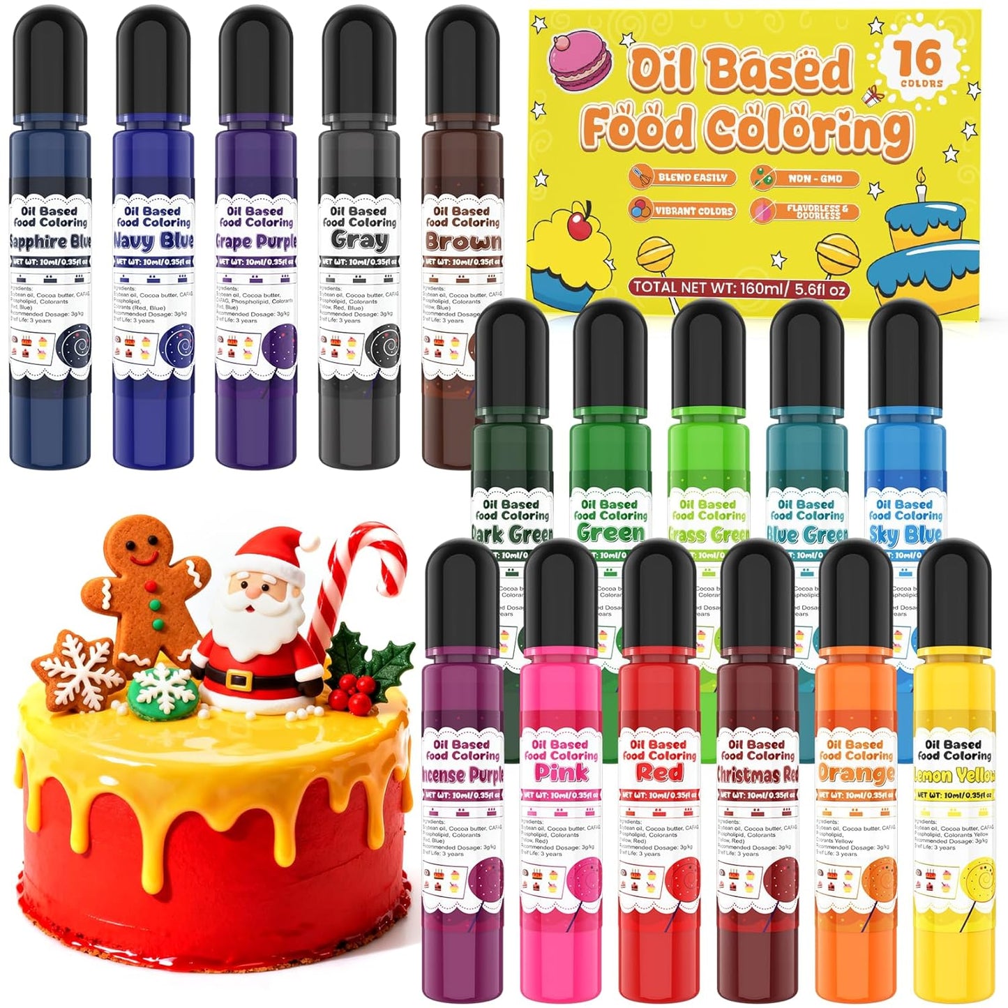 Oil Based Food Coloring for Chocolate - 16 Colors Concentrated Oil Food Dye, Food Grade Dye Set for Melting Chocolate, Candy Melts, Icing Frosting, Fondant, Cake Decorating, Baking, Cookies - 0.35 Fl.Oz/Bottles
