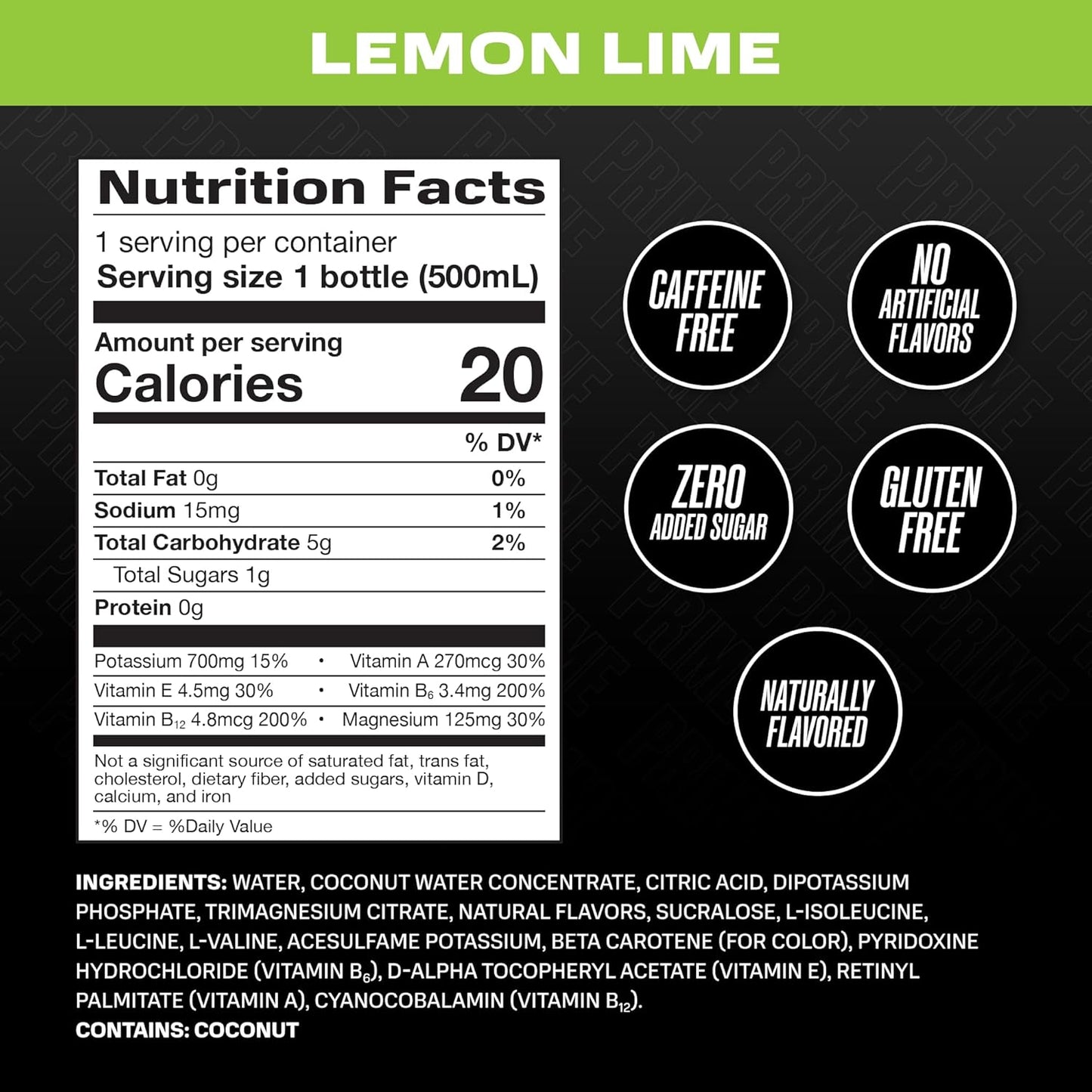 PRIME Hydration LEMON LIME, Sports Drinks, Electrolyte Enhanced for Replenishing Fluids, 250mg BCAAs, B Vitamins, Antioxidants, Low Sugar, 16.9 Fl Oz, 12 Pack