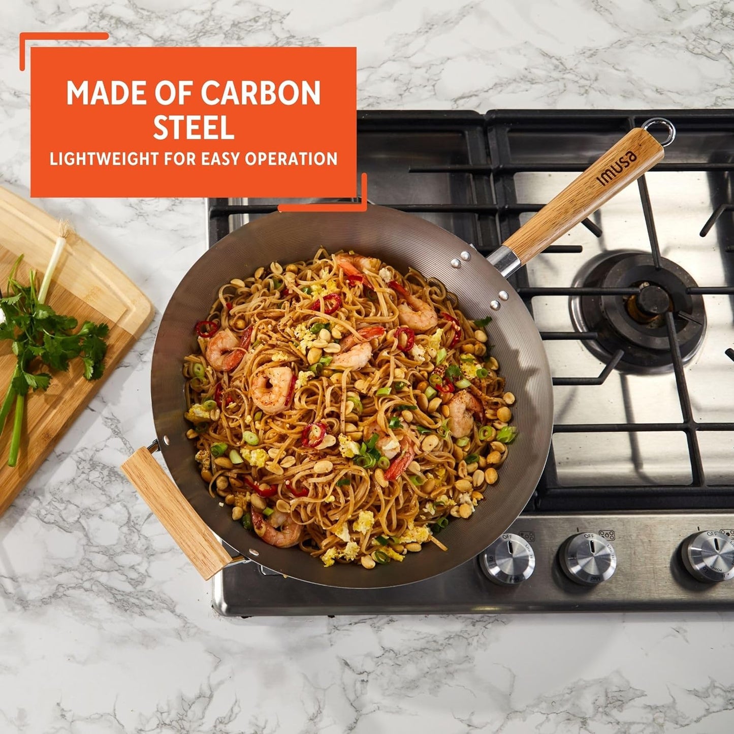 Imusa 14in Carbon Steel Wok with Wood Handles