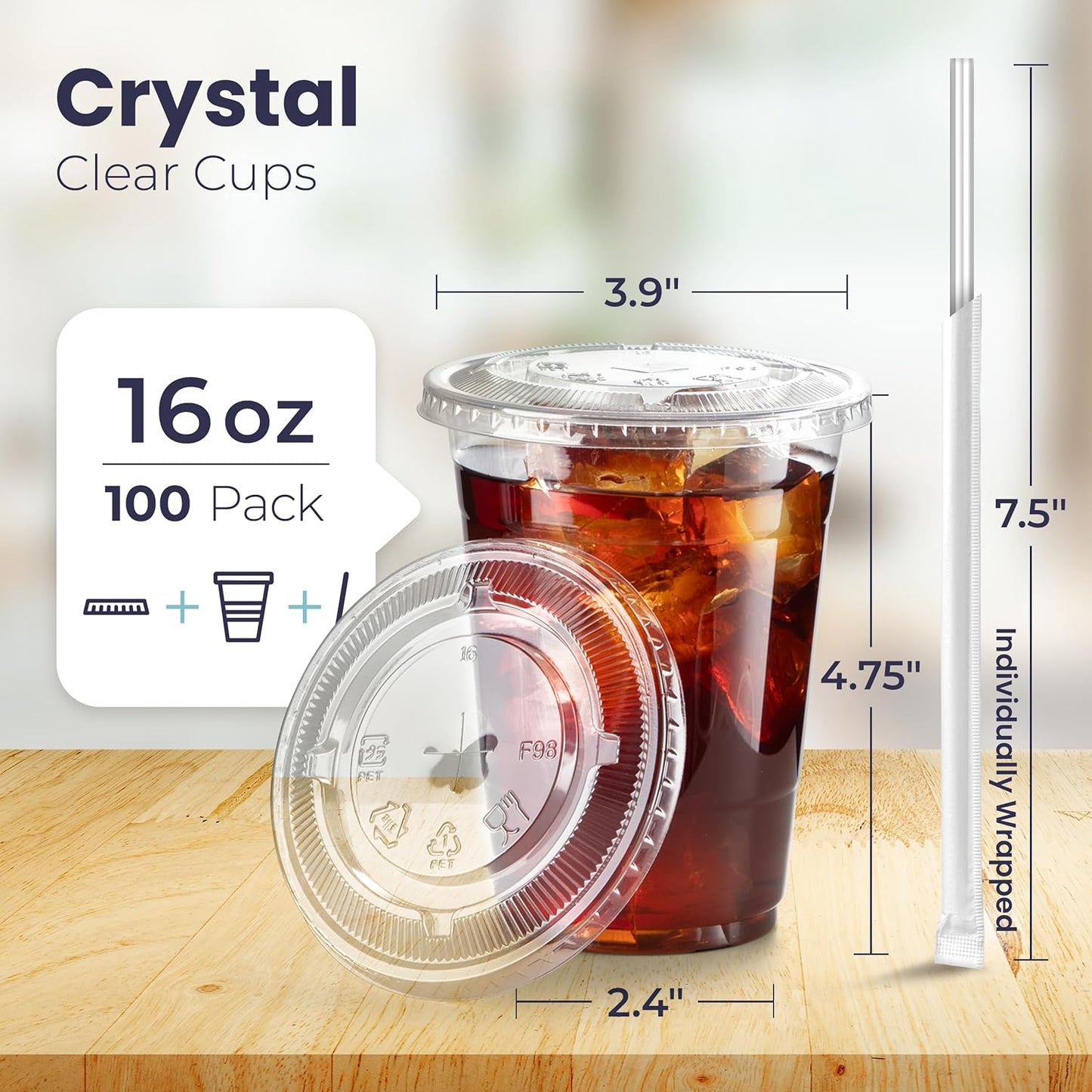 Fit Meal Prep 100 Pack 16 oz Plastic Iced Coffee Cups with Flat Lids and Clear Straws, Disposable Clear Cup, BPA Free Cup for Party, Smoothie, Cold Drinks, Juice, Milkshake, Bubble Boba, Tea