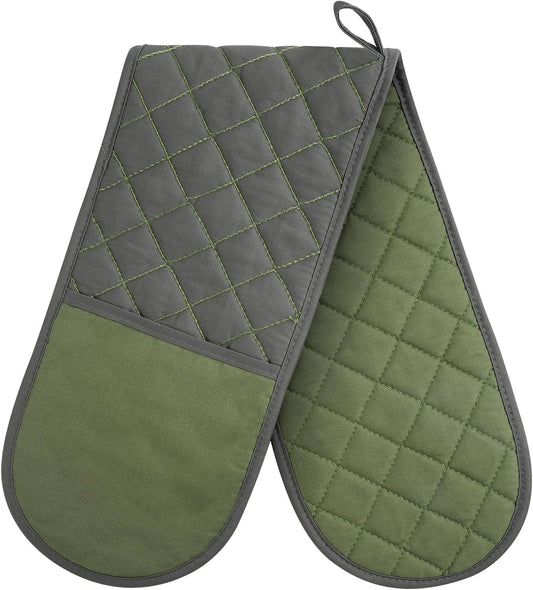 AUAUY Black Double Oven Mitts, 250°C/482°F Heat Resistant BBQ Mittens with Ropes, Silicone Non-Slip Design Kitchen Mittens, Cooking Glove Kitchen Accessories for Cooking Baking Grilling